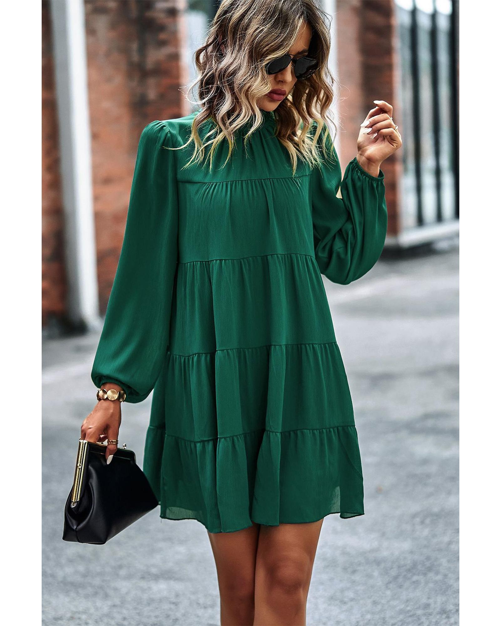 Green Puff Sleeve Mock Neck Back Knot Tiered Dress - XL