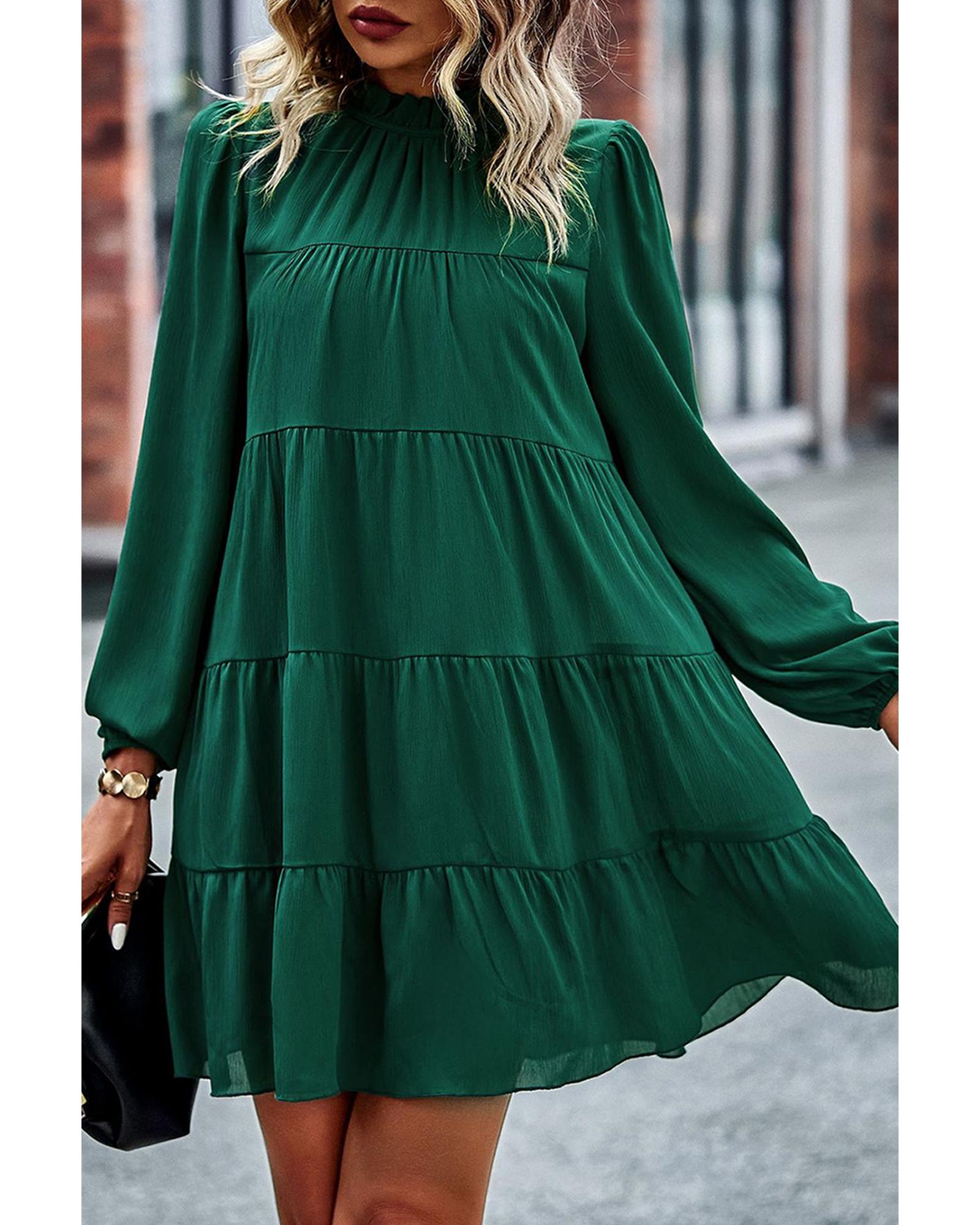Green Puff Sleeve Mock Neck Back Knot Tiered Dress - XL 3
