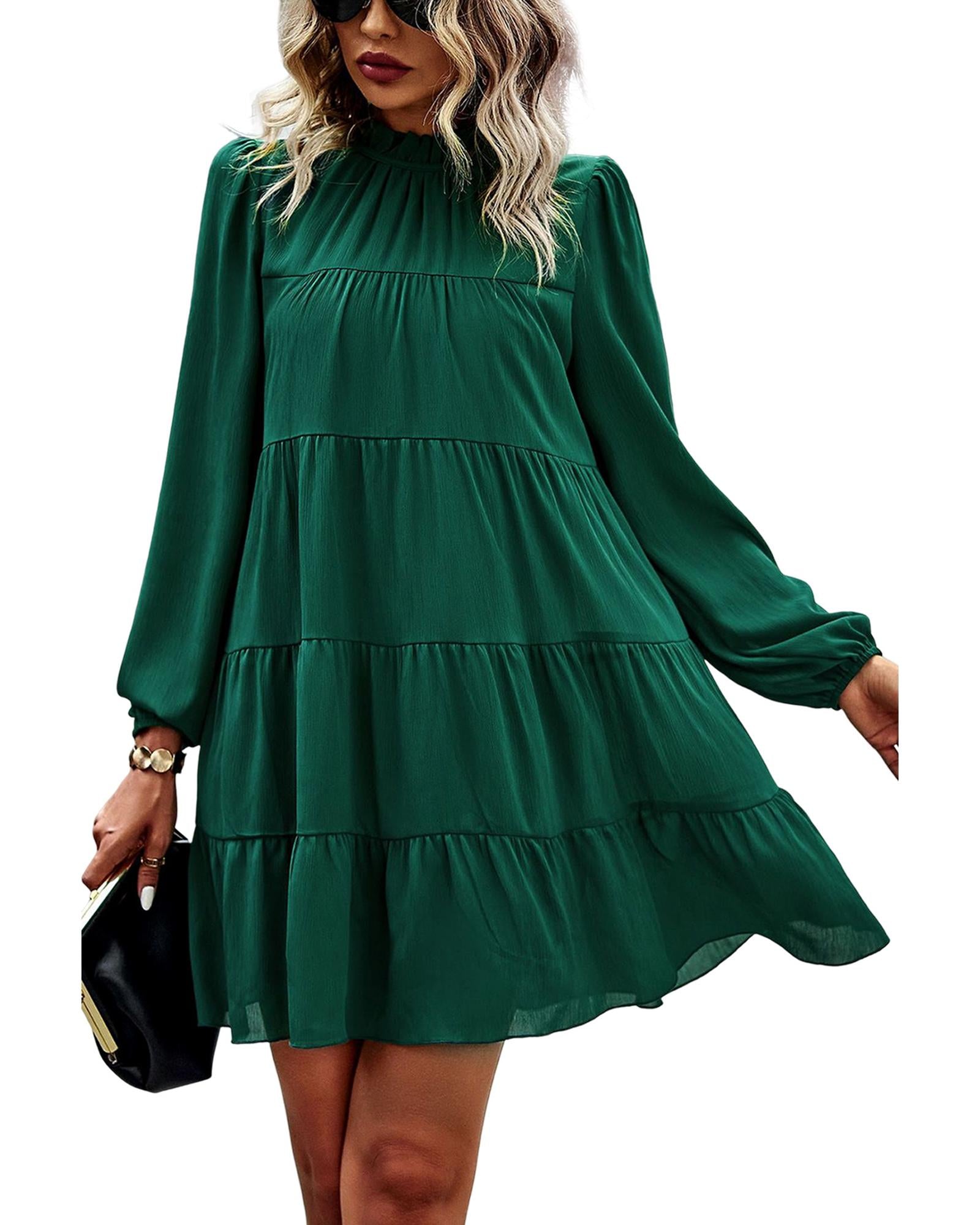 Green Puff Sleeve Mock Neck Back Knot Tiered Dress - XL 4