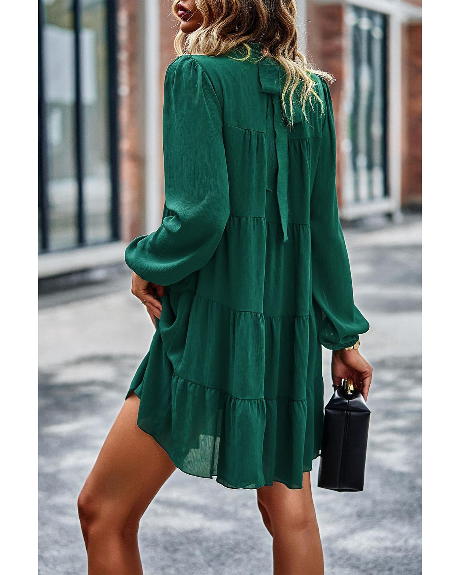 Green Puff Sleeve Mock Neck Back Knot Tiered Dress - XL 5