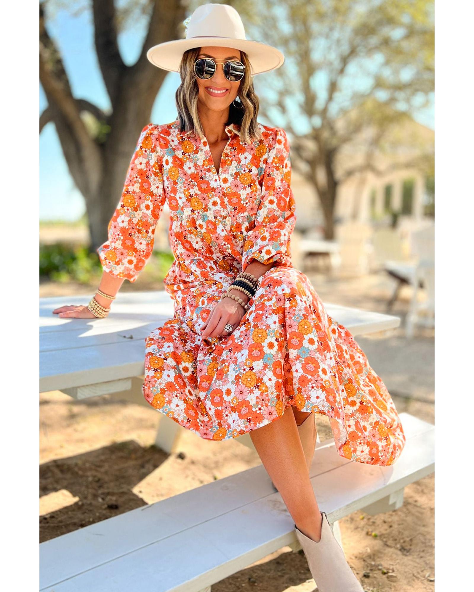 Azura Exchange Multicolor Boho Floral Collared Long Sleeve Ruffled Dress - L