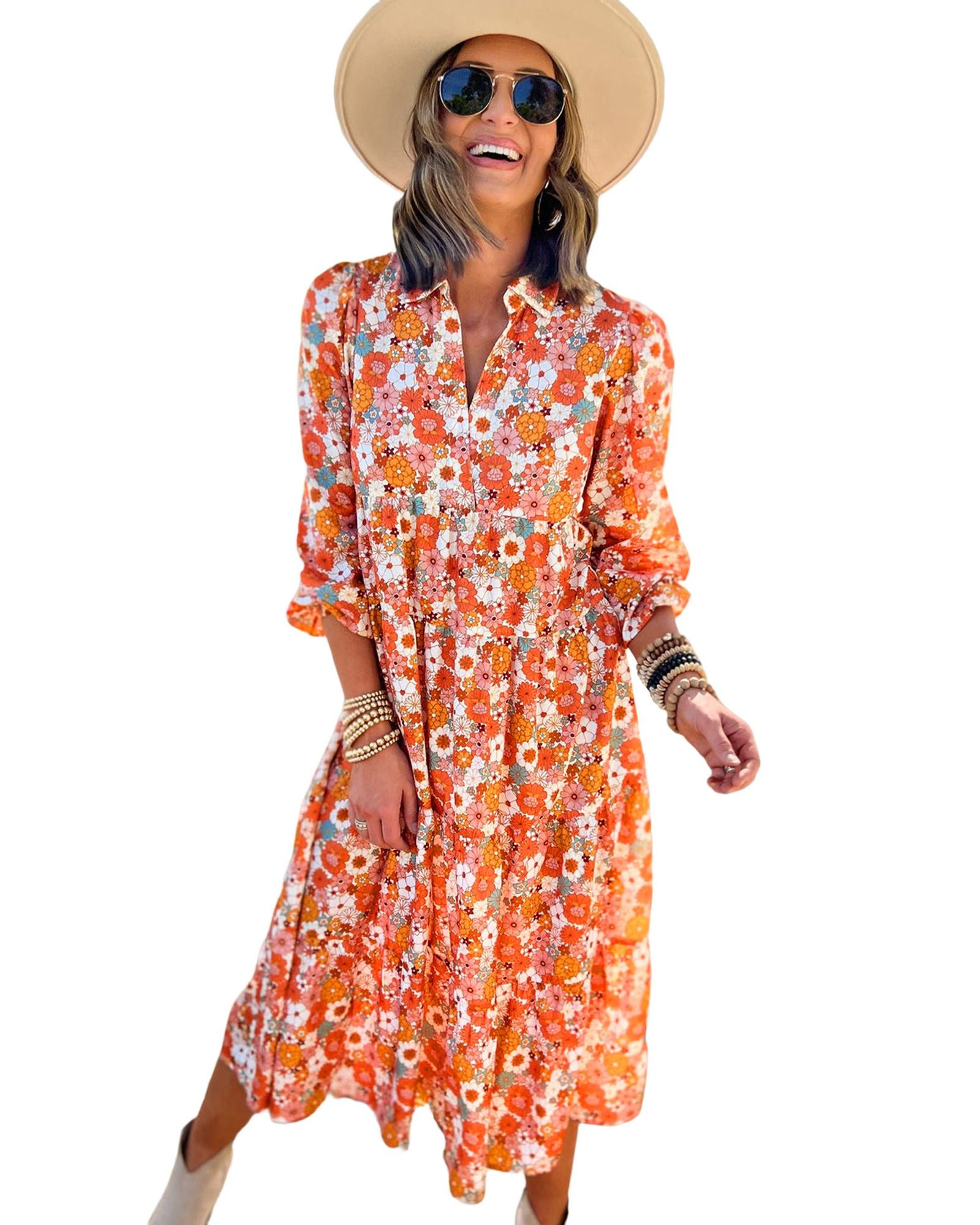 Azura Exchange Multicolor Boho Floral Collared Long Sleeve Ruffled Dress - L 4