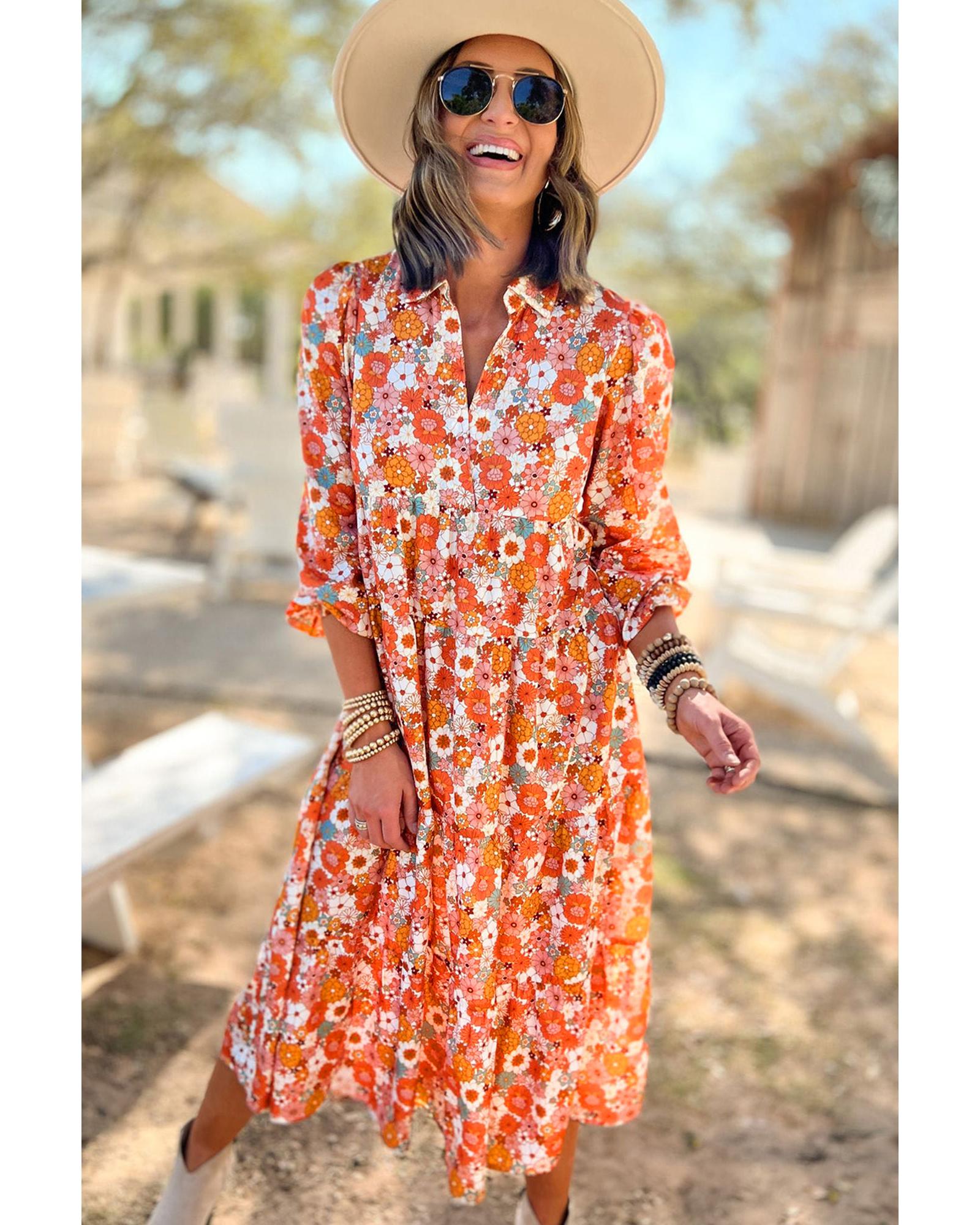 Azura Exchange Multicolor Boho Floral Collared Long Sleeve Ruffled Dress - M 3