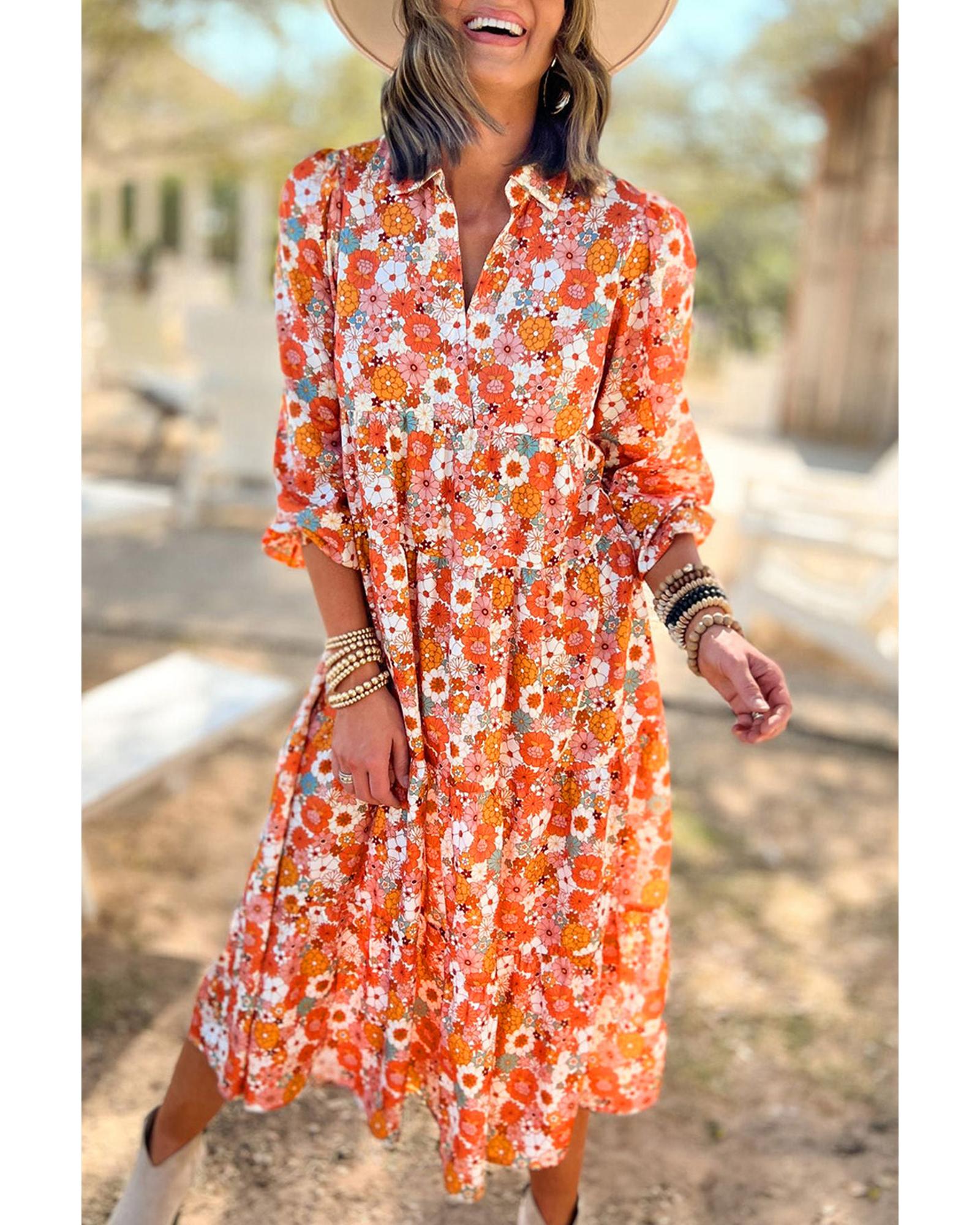 Azura Exchange Multicolor Boho Floral Collared Long Sleeve Ruffled Dress - S