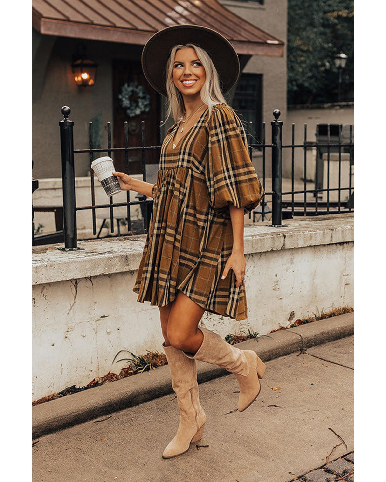 Brown Plaid Pattern Empire Waist Babydoll Dress - M 4