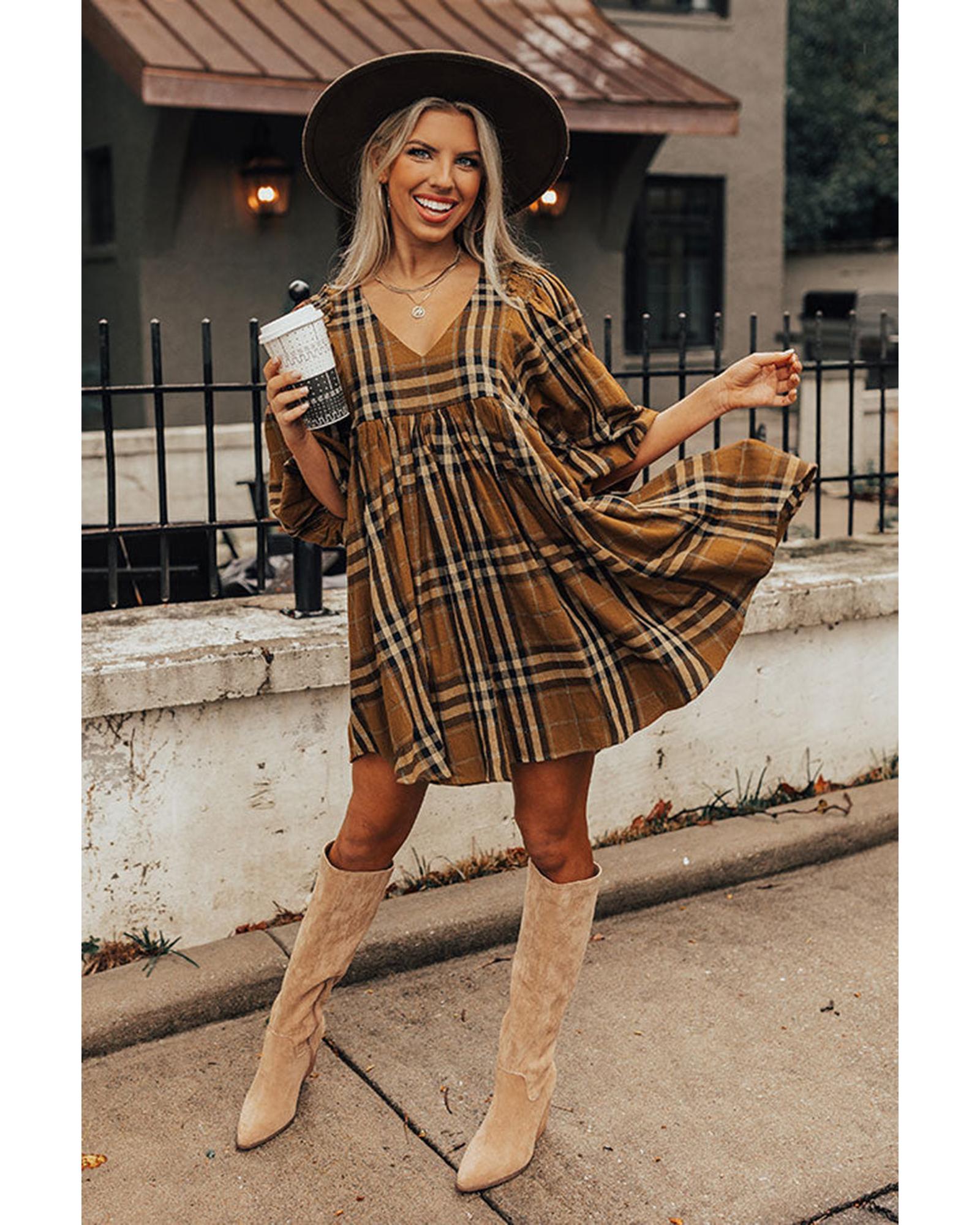 Brown Plaid Pattern Empire Waist Babydoll Dress - S
