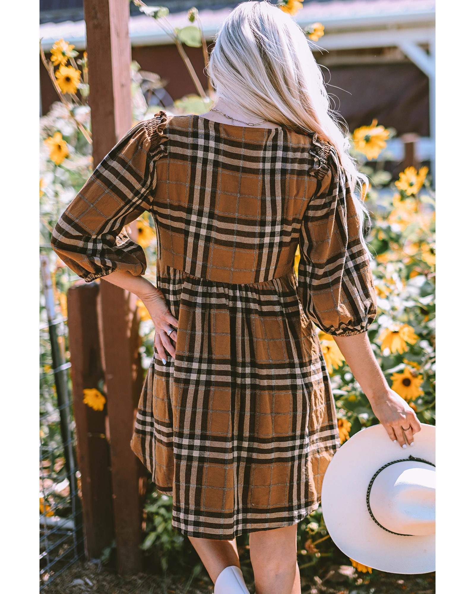 Brown Plaid Pattern Empire Waist Babydoll Dress - S 6
