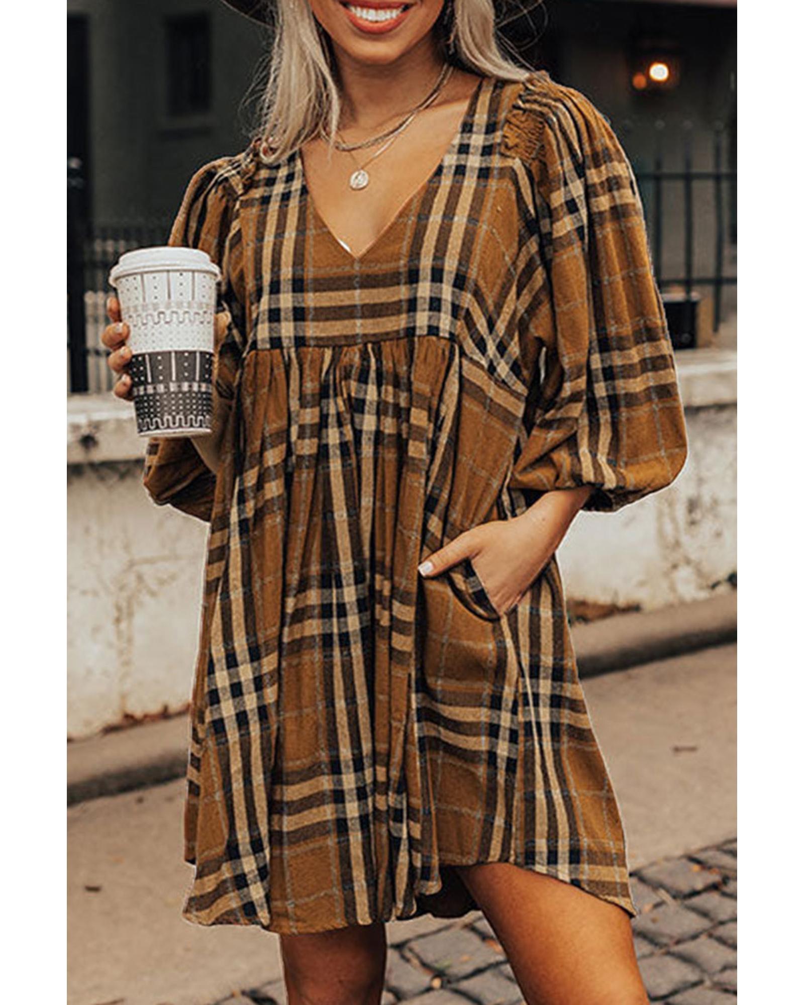 Brown Plaid Pattern Empire Waist Babydoll Dress - S 7
