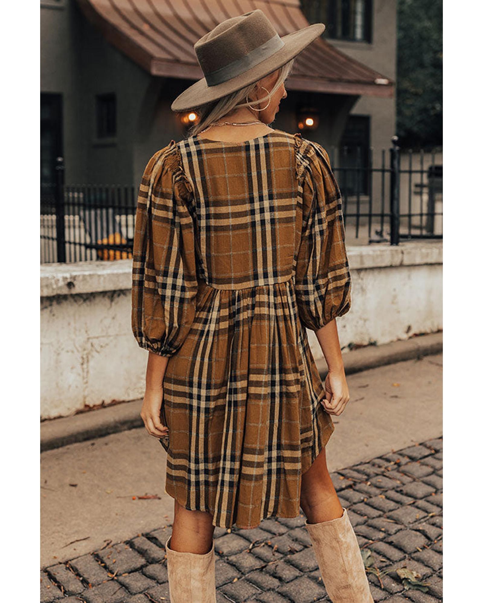 Brown Plaid Pattern Empire Waist Babydoll Dress - XL