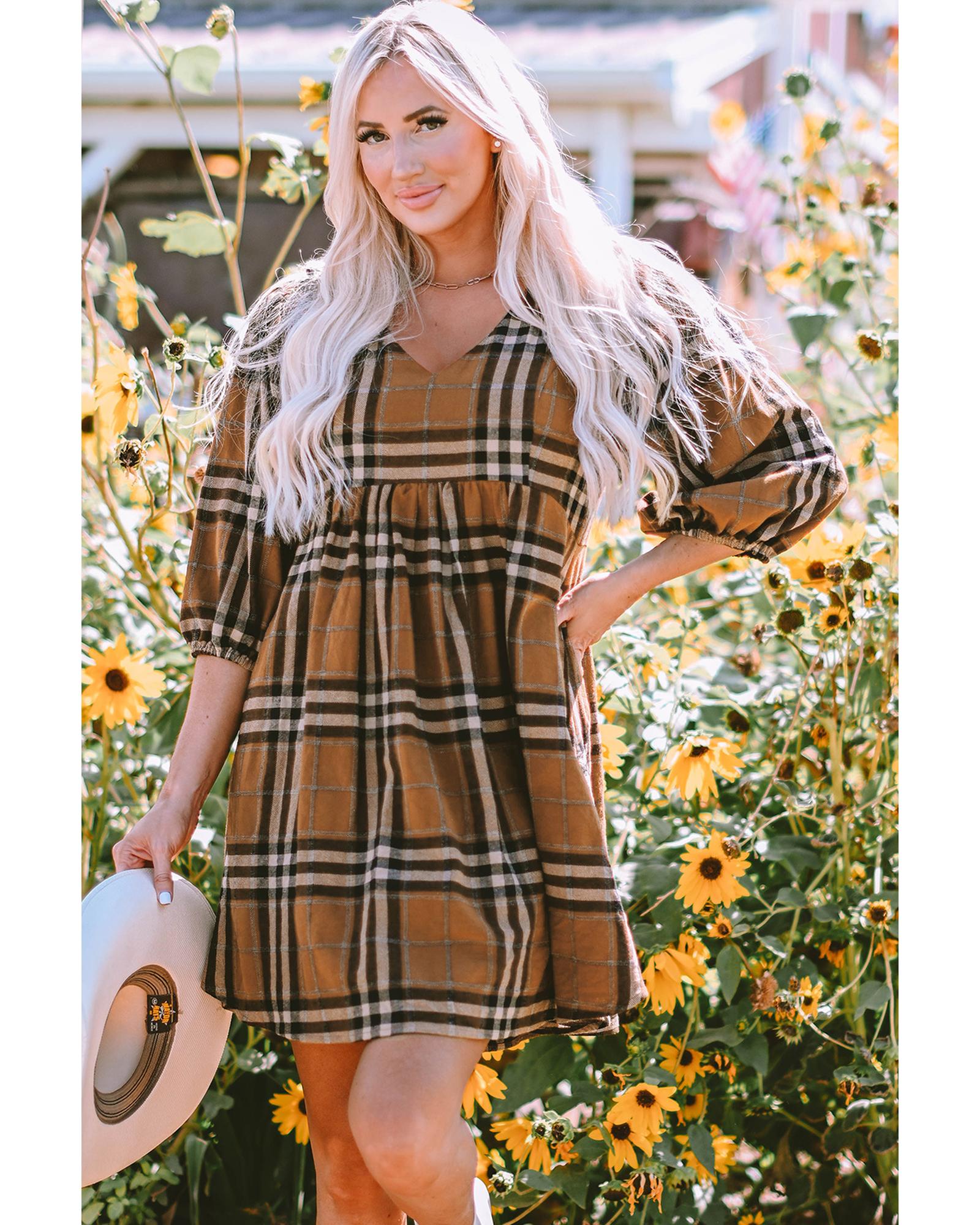 Brown Plaid Pattern Empire Waist Babydoll Dress - XL 5