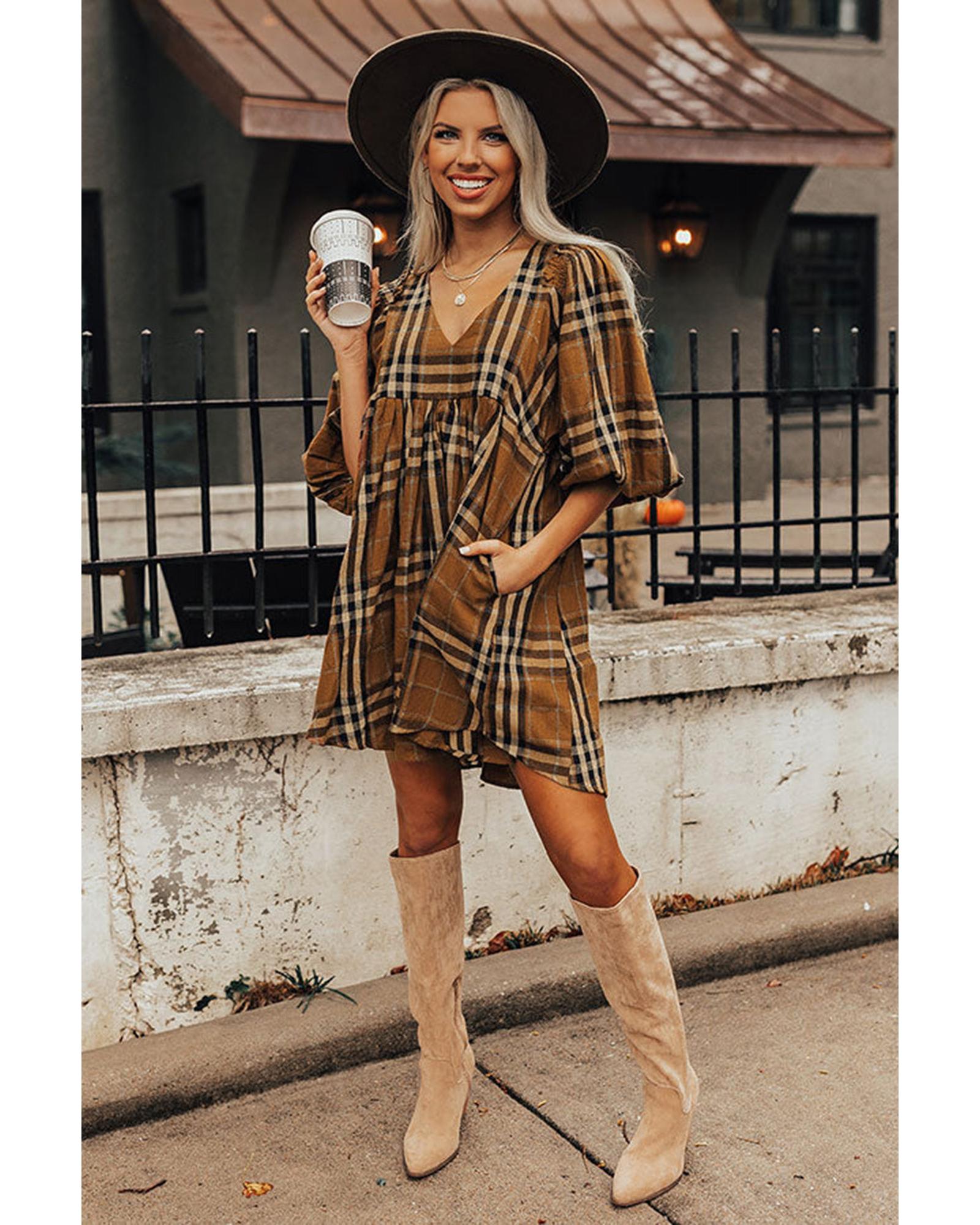 Brown Plaid Pattern Empire Waist Babydoll Dress - XL 7