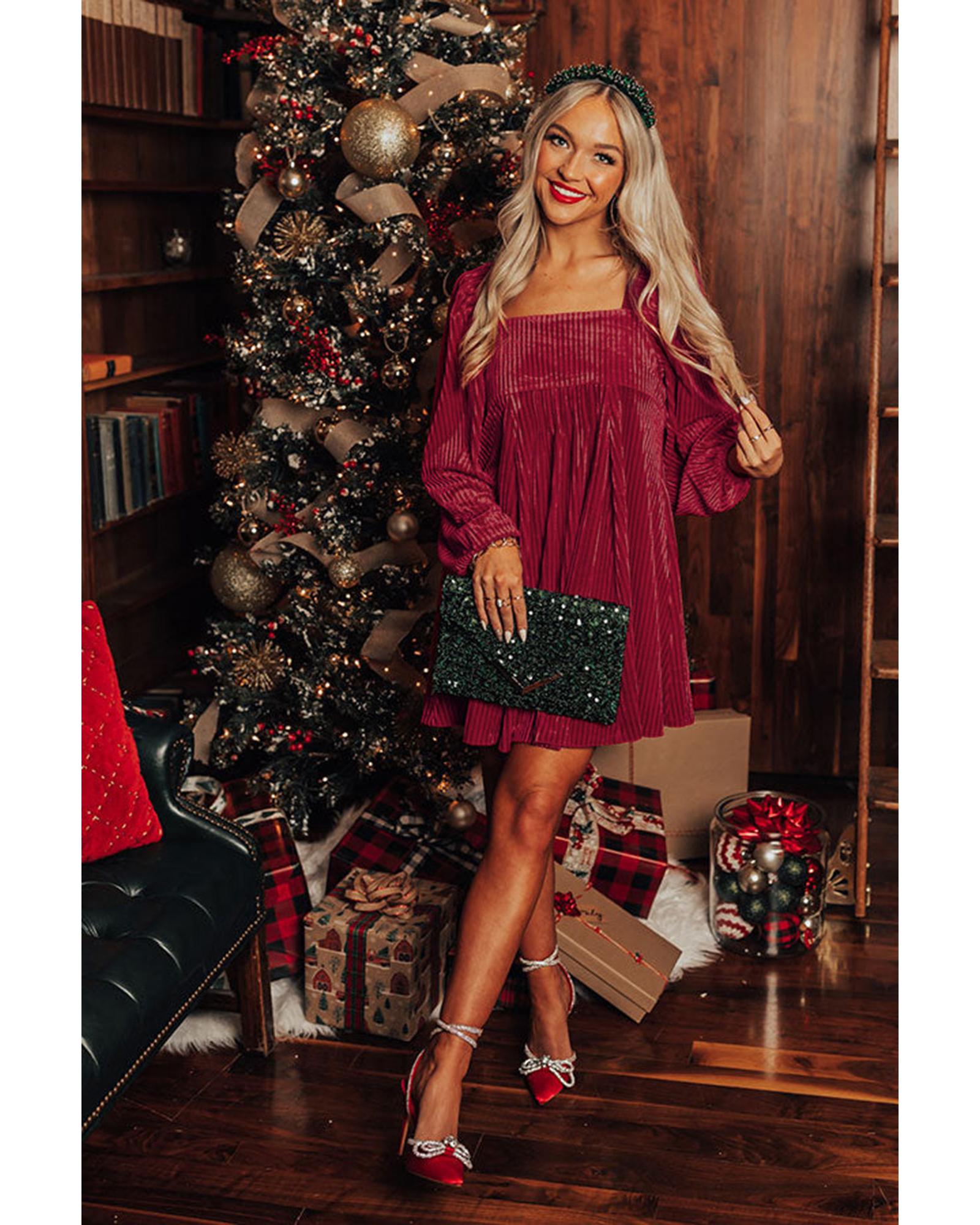 Red Tie Back Square Neck Velvet Babydoll Dress - M
