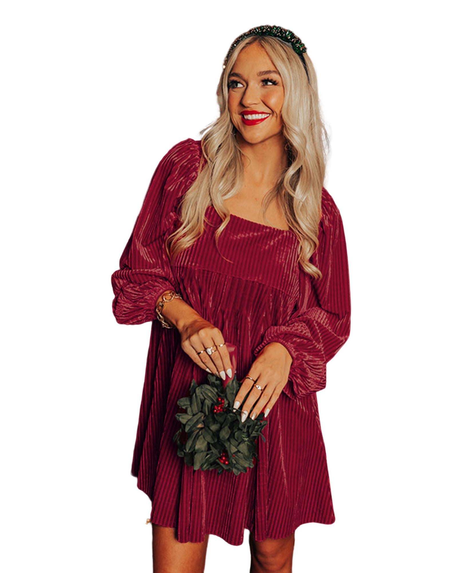 Red Tie Back Square Neck Velvet Babydoll Dress - M 3