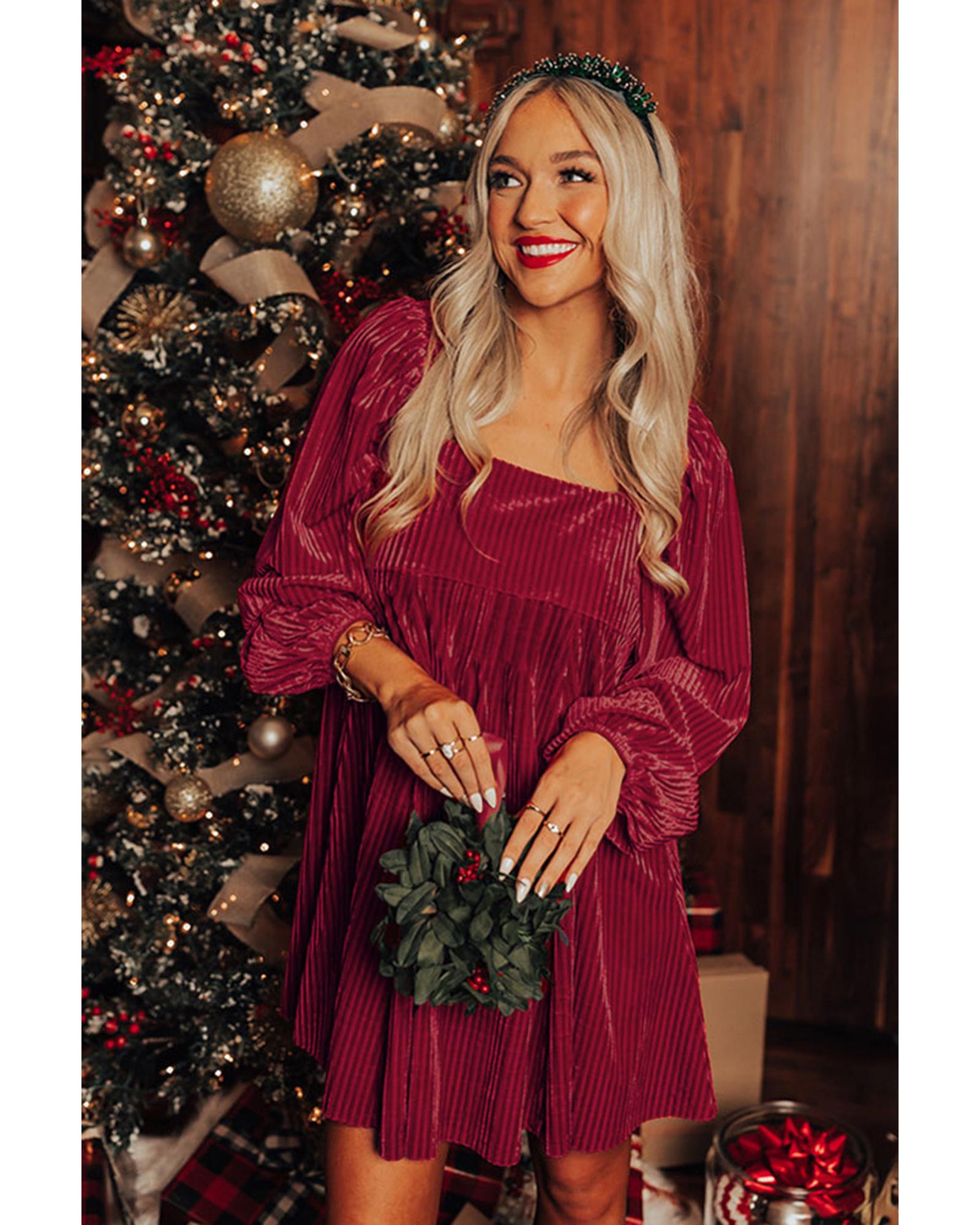 Red Tie Back Square Neck Velvet Babydoll Dress - M 5