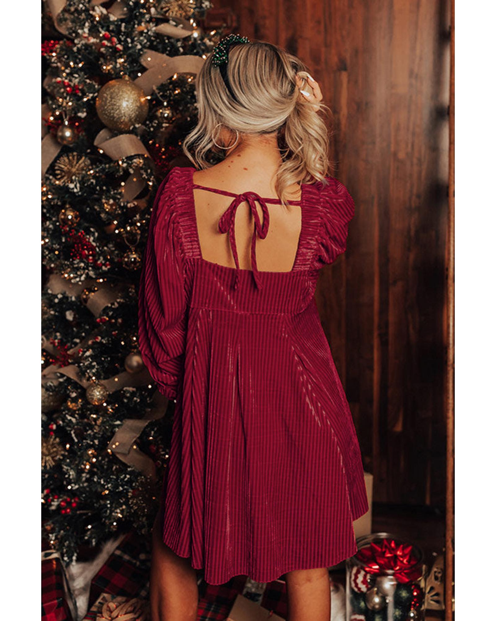 Red Tie Back Square Neck Velvet Babydoll Dress - M 7