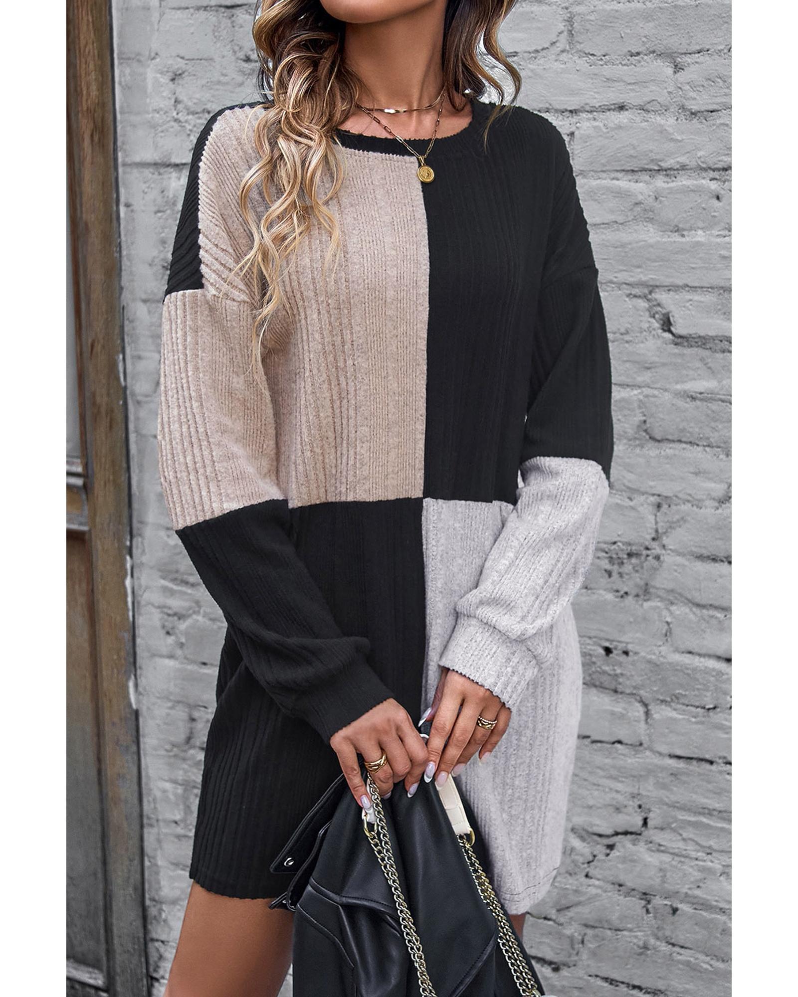 Black Ribbed Color Block Drop Shoulder Long Sleeve Mini Dress - L