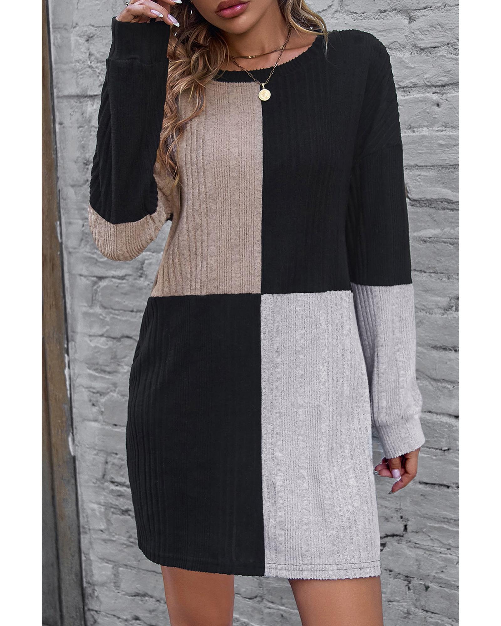Black Ribbed Color Block Drop Shoulder Long Sleeve Mini Dress - L 4
