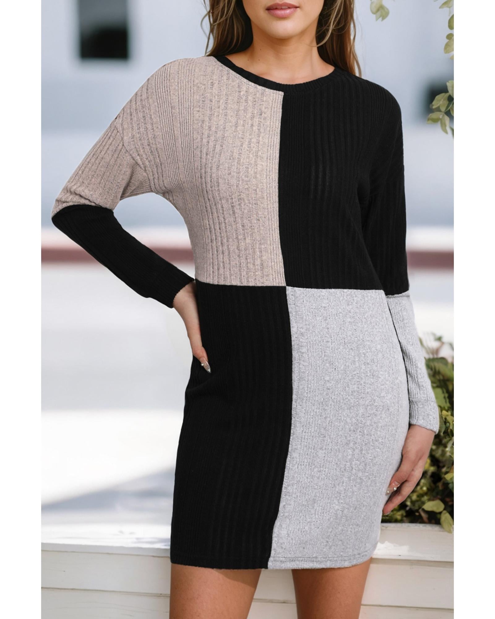 Black Ribbed Color Block Drop Shoulder Long Sleeve Mini Dress - M 3
