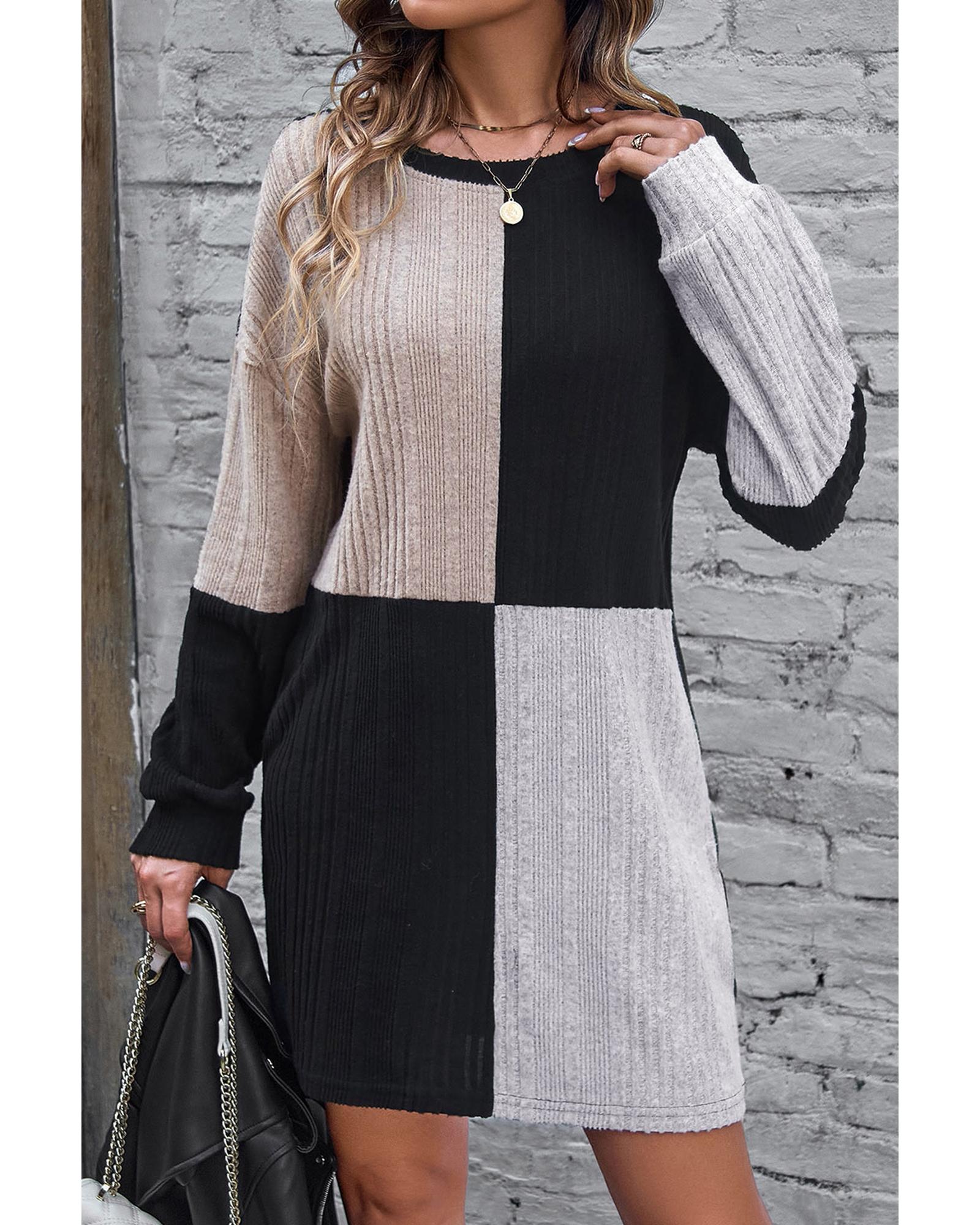 Black Ribbed Color Block Drop Shoulder Long Sleeve Mini Dress - M 5