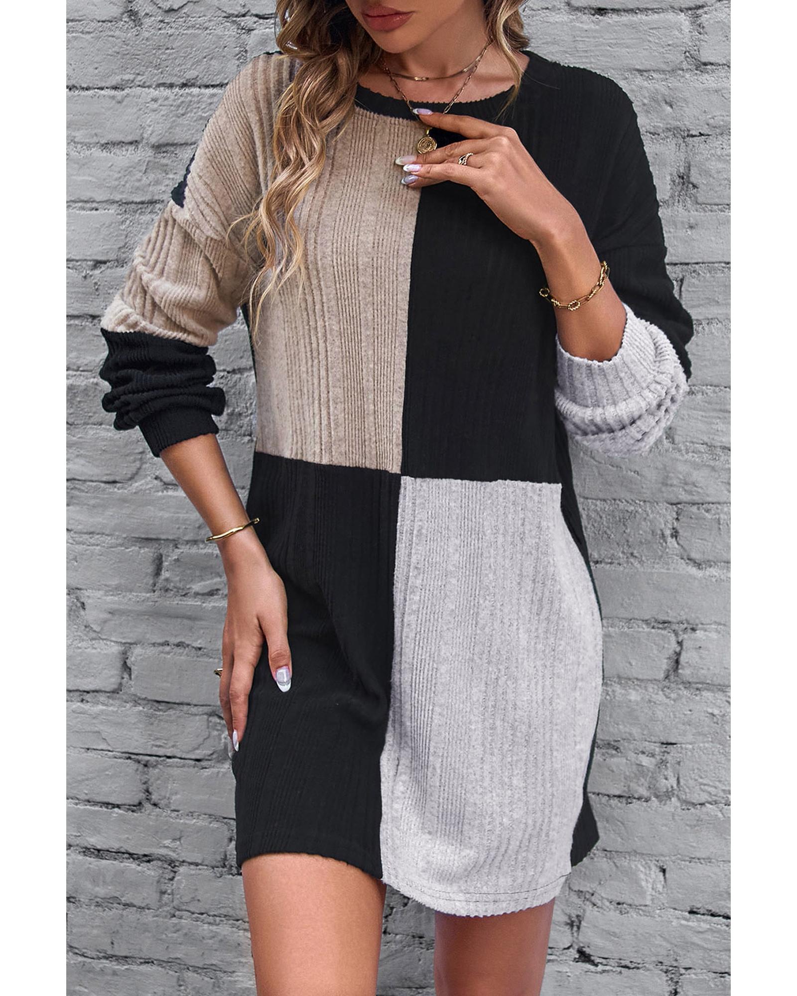 Black Ribbed Color Block Drop Shoulder Long Sleeve Mini Dress - M 6