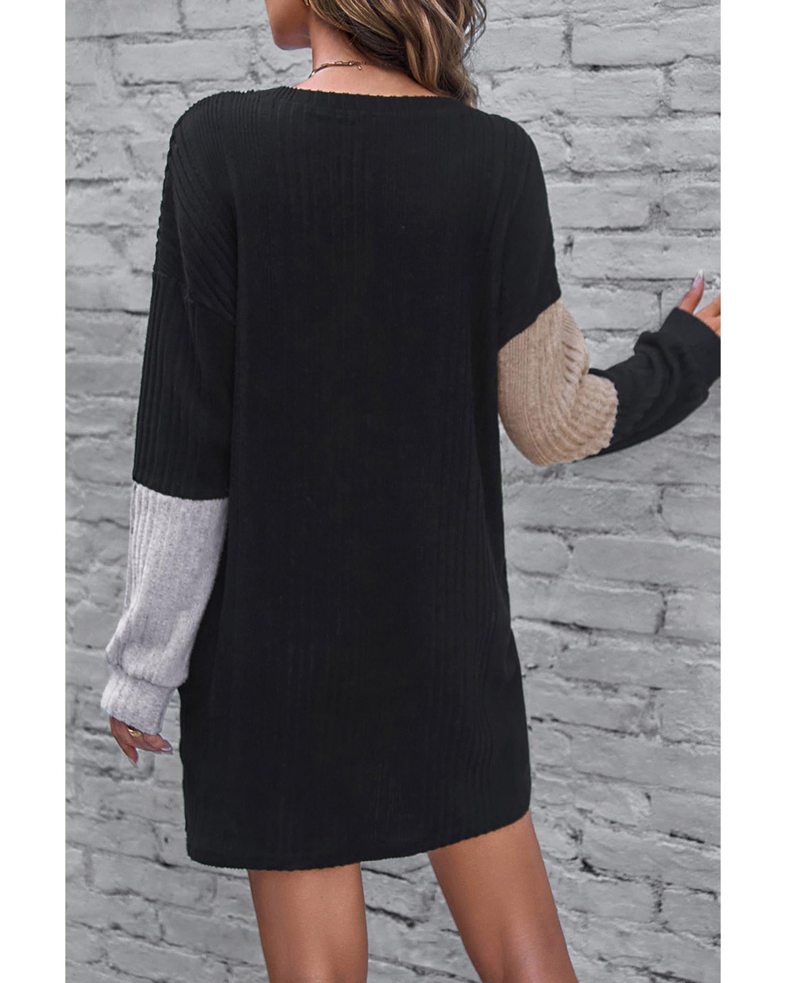 Black Ribbed Color Block Drop Shoulder Long Sleeve Mini Dress - S