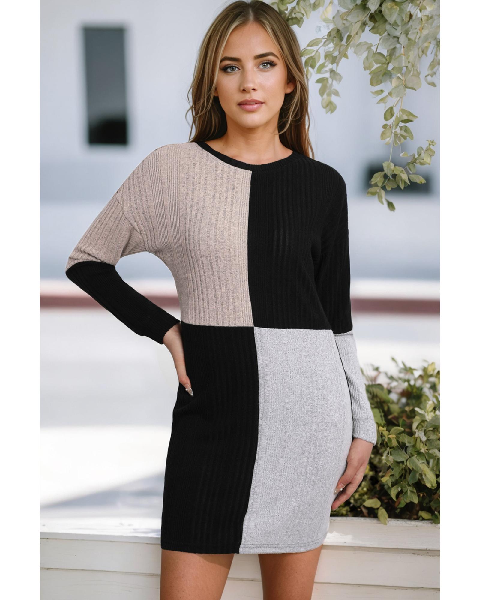 Black Ribbed Color Block Drop Shoulder Long Sleeve Mini Dress - S