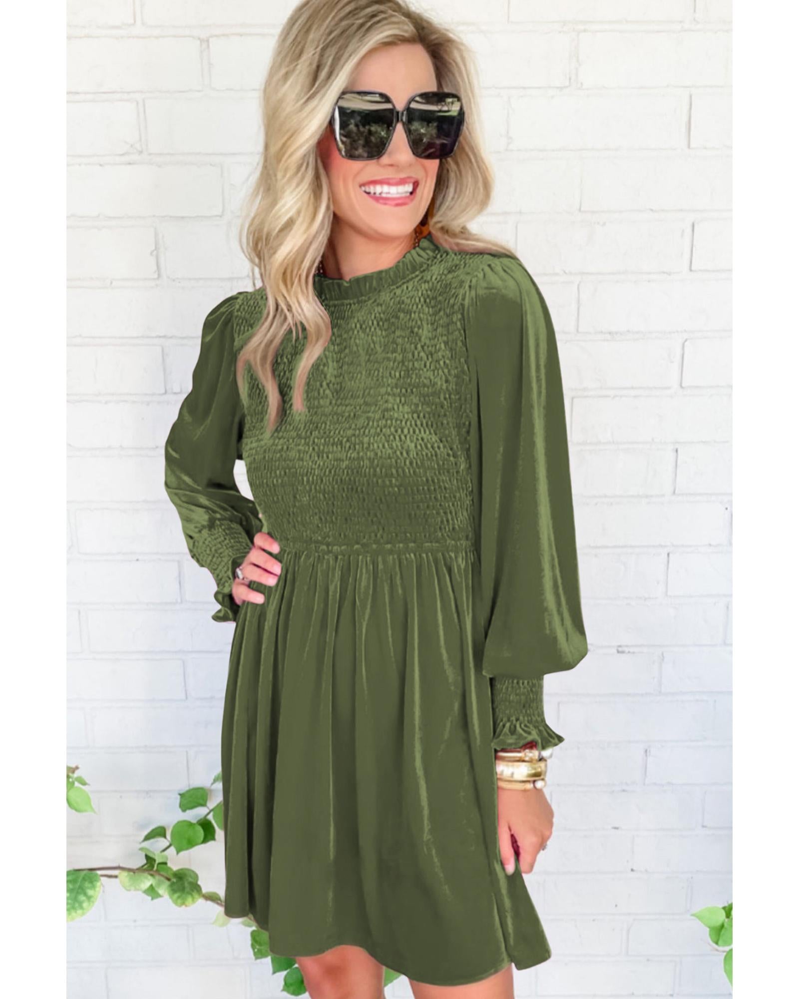Moss Green Frilled Neck Smocked Bodice Velvet Dress - XL