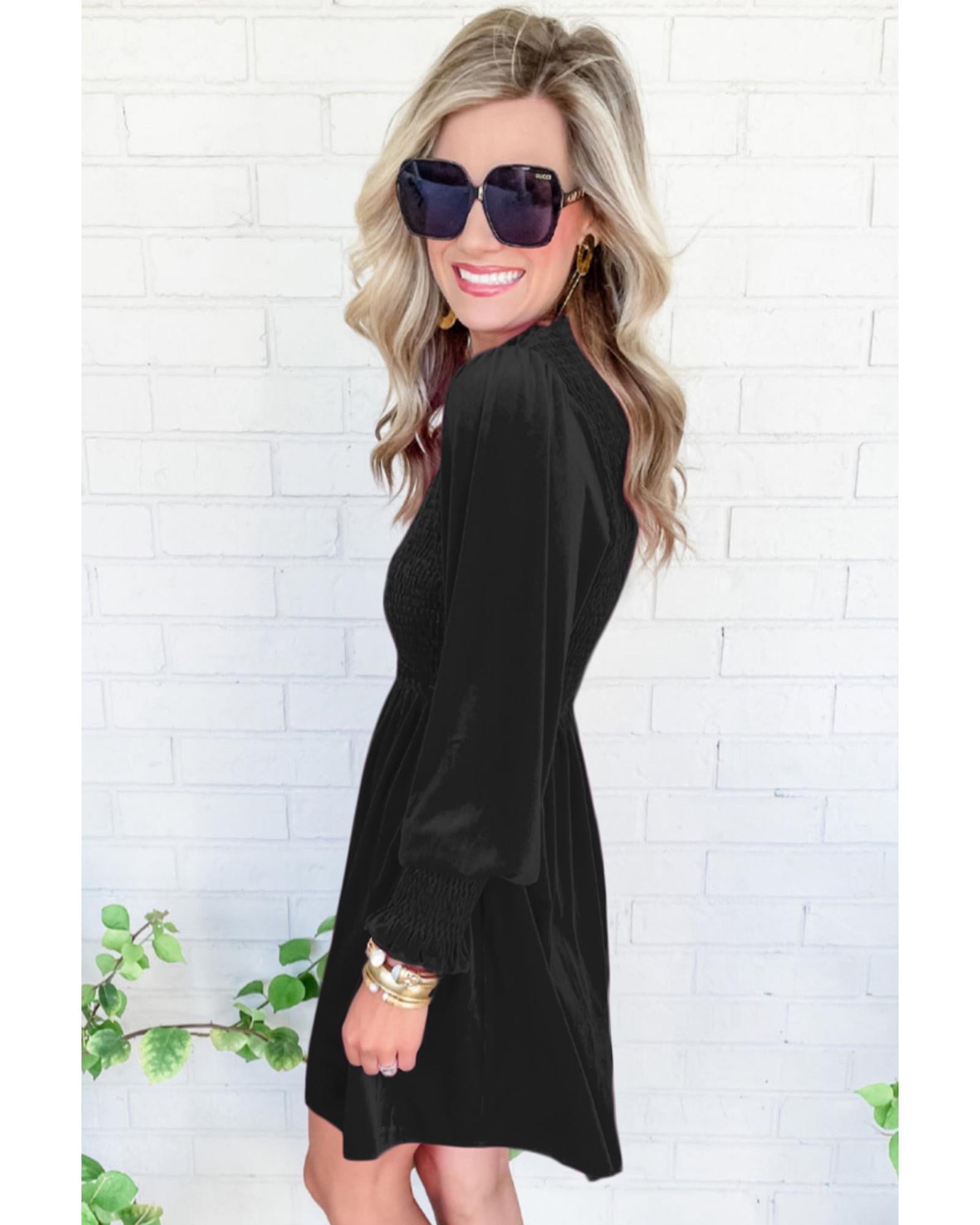 Black Frilled Neck Smocked Bodice Velvet Dress - M