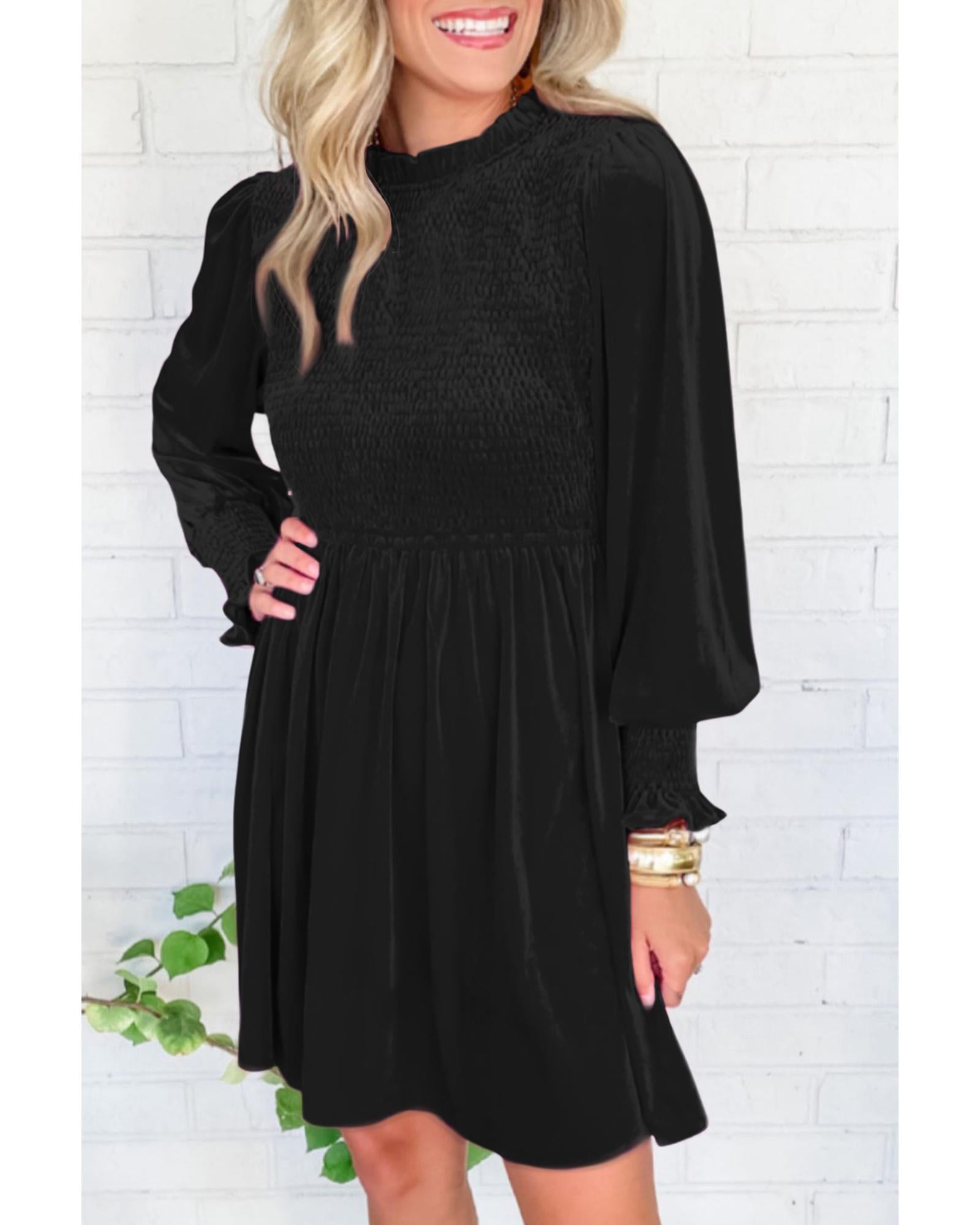 Black Frilled Neck Smocked Bodice Velvet Dress - M 3