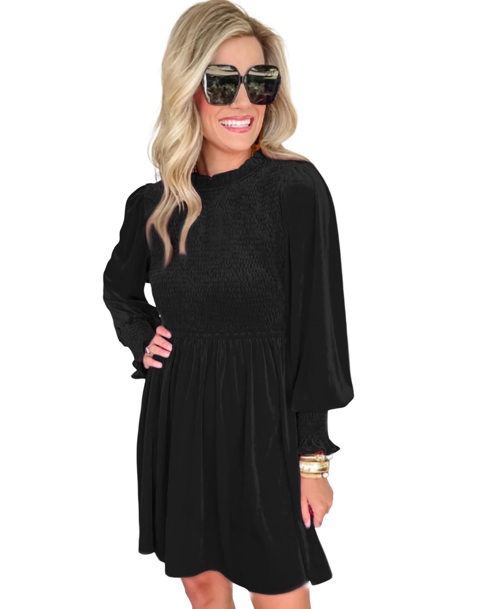 Black Frilled Neck Smocked Bodice Velvet Dress - M 4