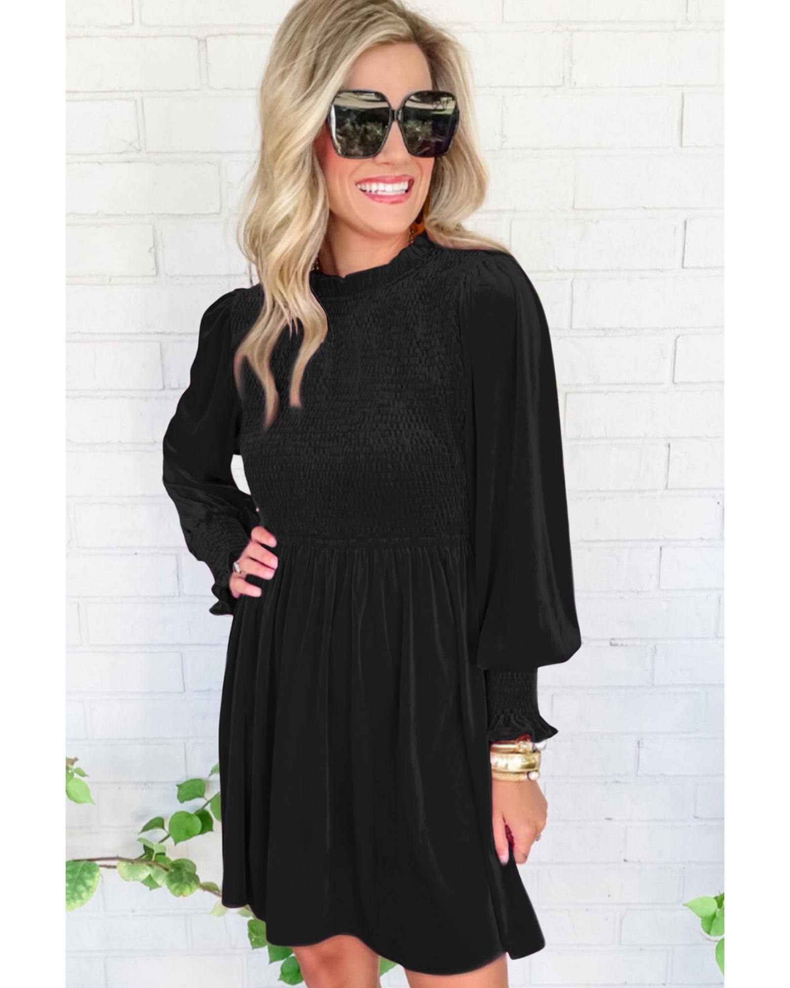 Black Frilled Neck Smocked Bodice Velvet Dress - S