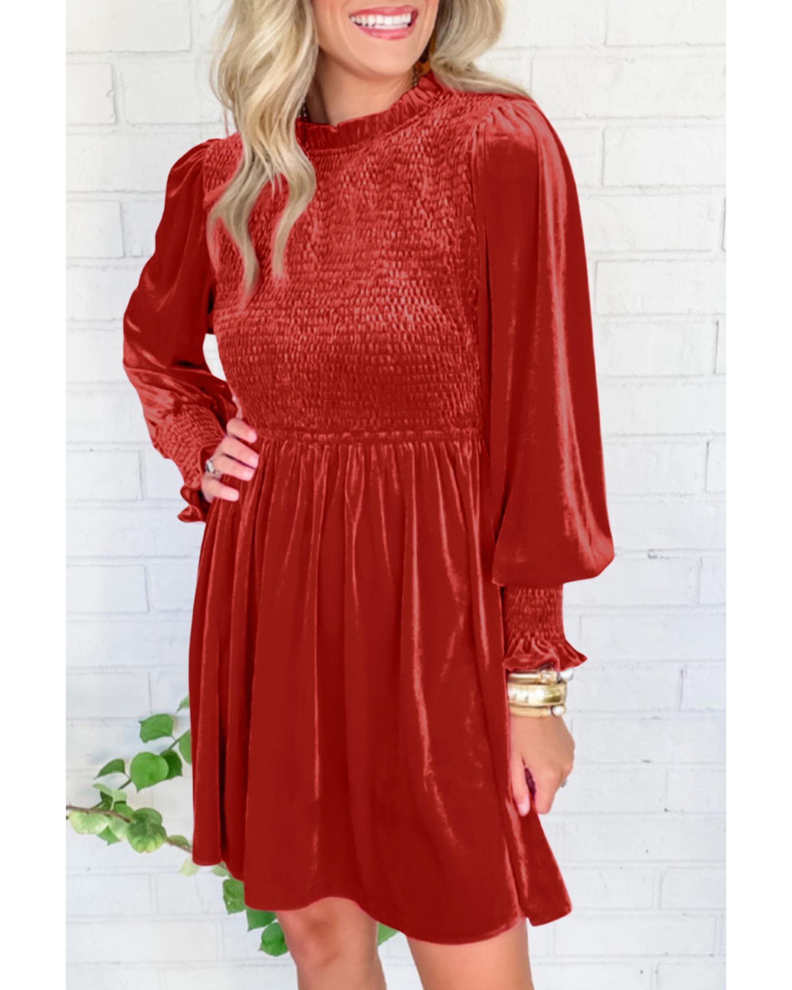 Red Clay Frilled Neck Smocked Bodice Velvet Dress - L