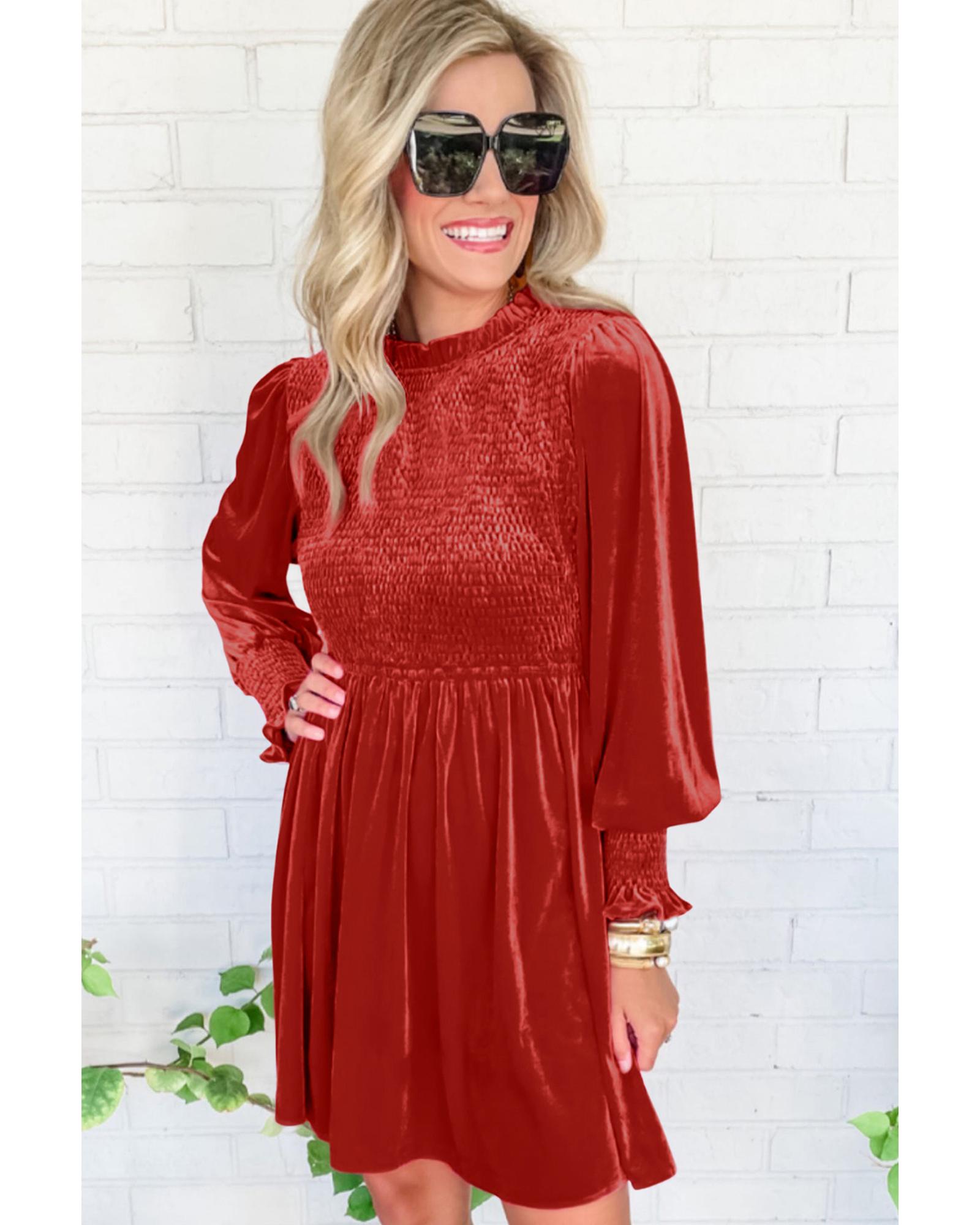 Red Clay Frilled Neck Smocked Bodice Velvet Dress - L