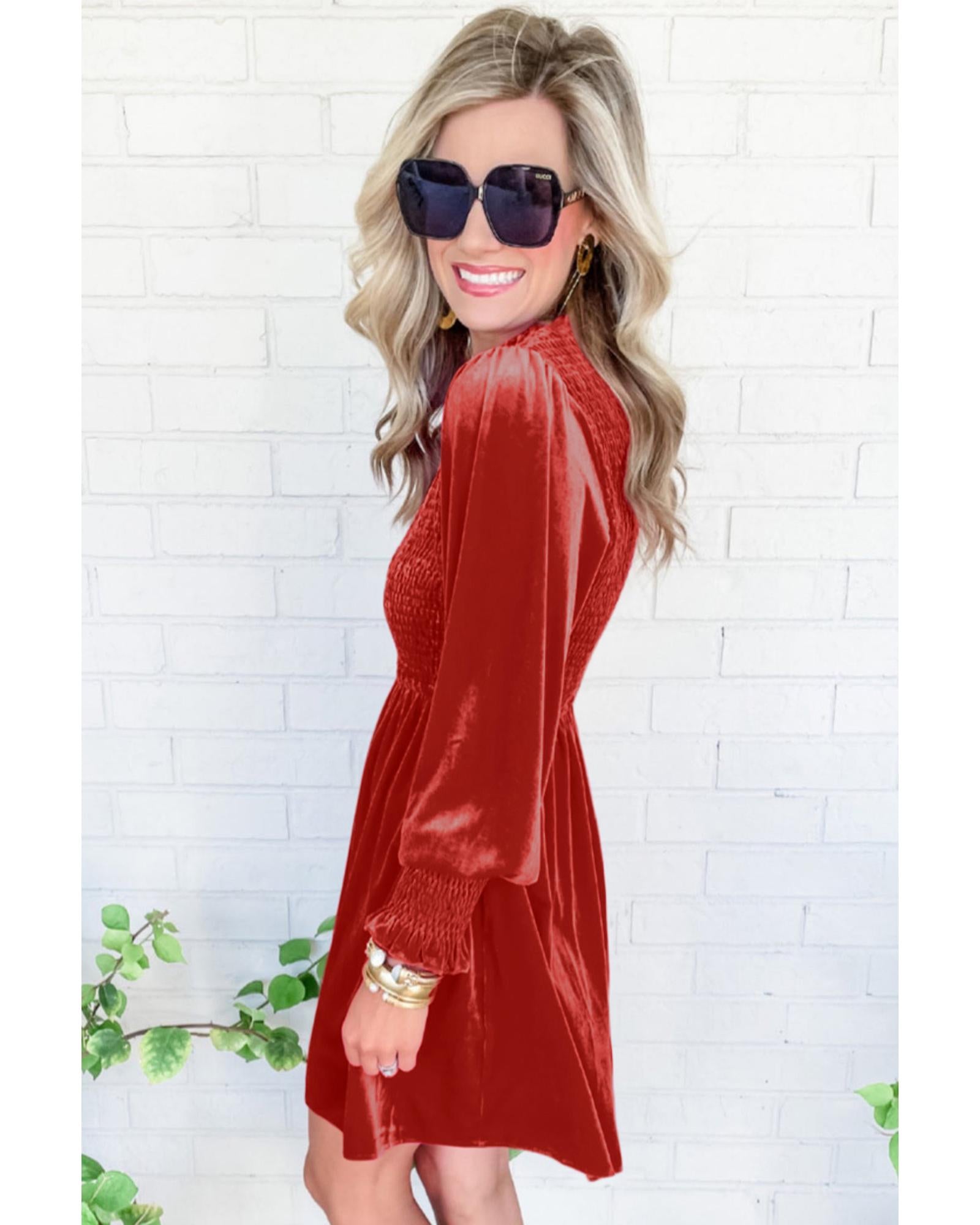 Red Clay Frilled Neck Smocked Bodice Velvet Dress - L 4