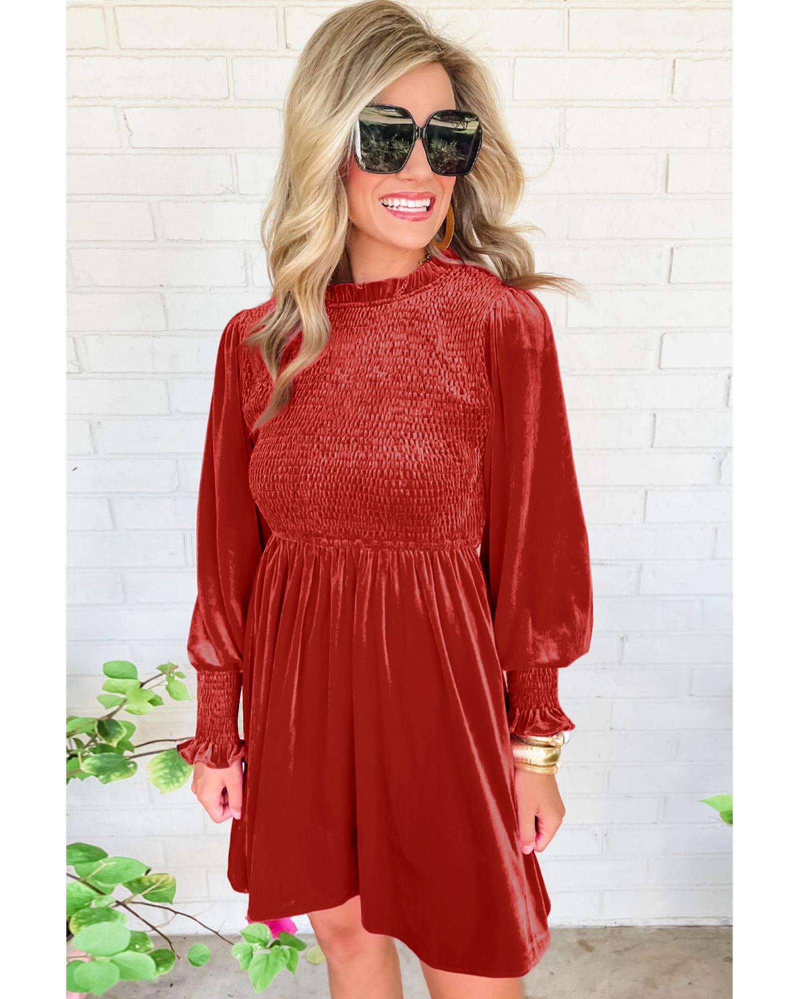 Red Clay Frilled Neck Smocked Bodice Velvet Dress - XL 3