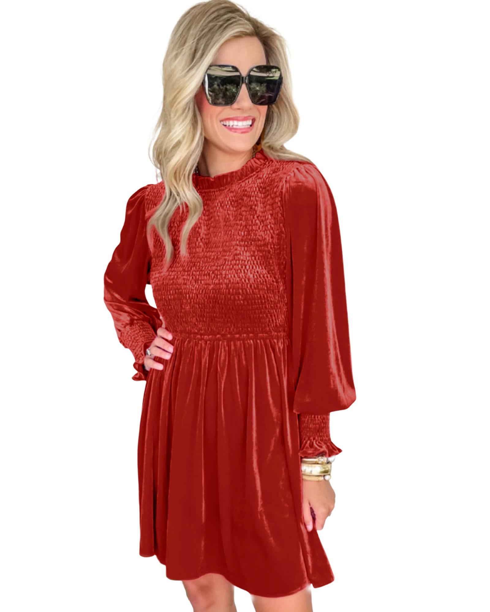 Red Clay Frilled Neck Smocked Bodice Velvet Dress - XL 5