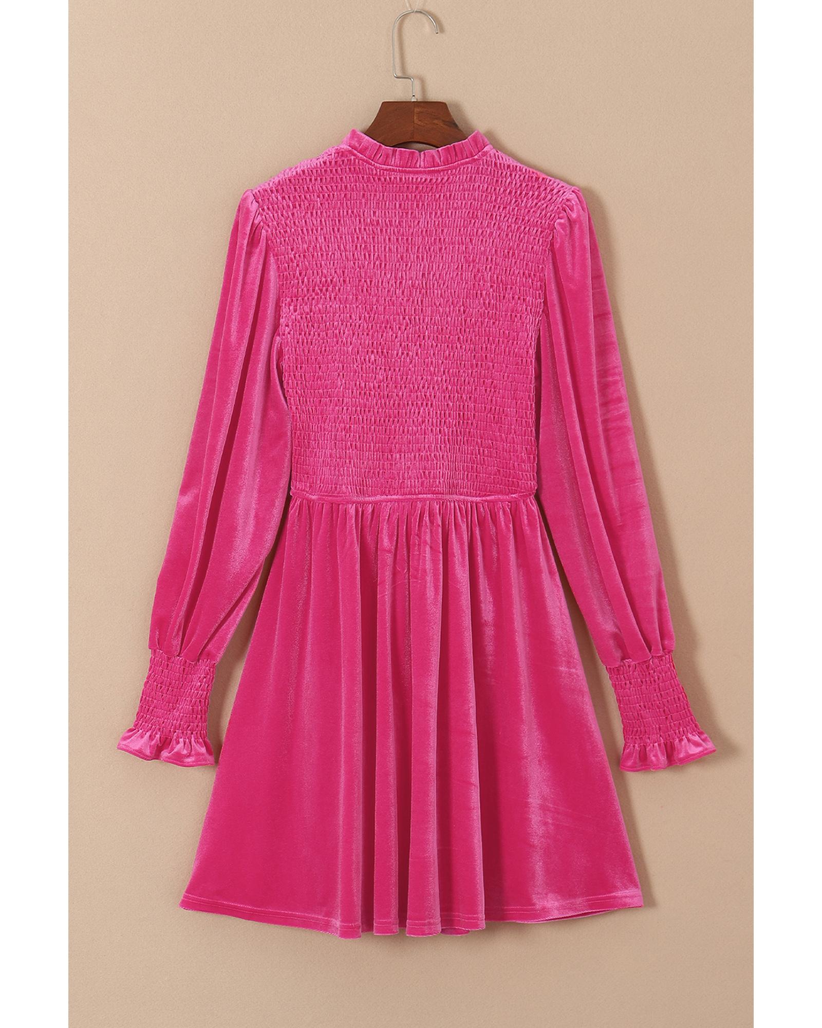 Rose Frilled Neck Smocked Bodice Velvet Dress - L 3