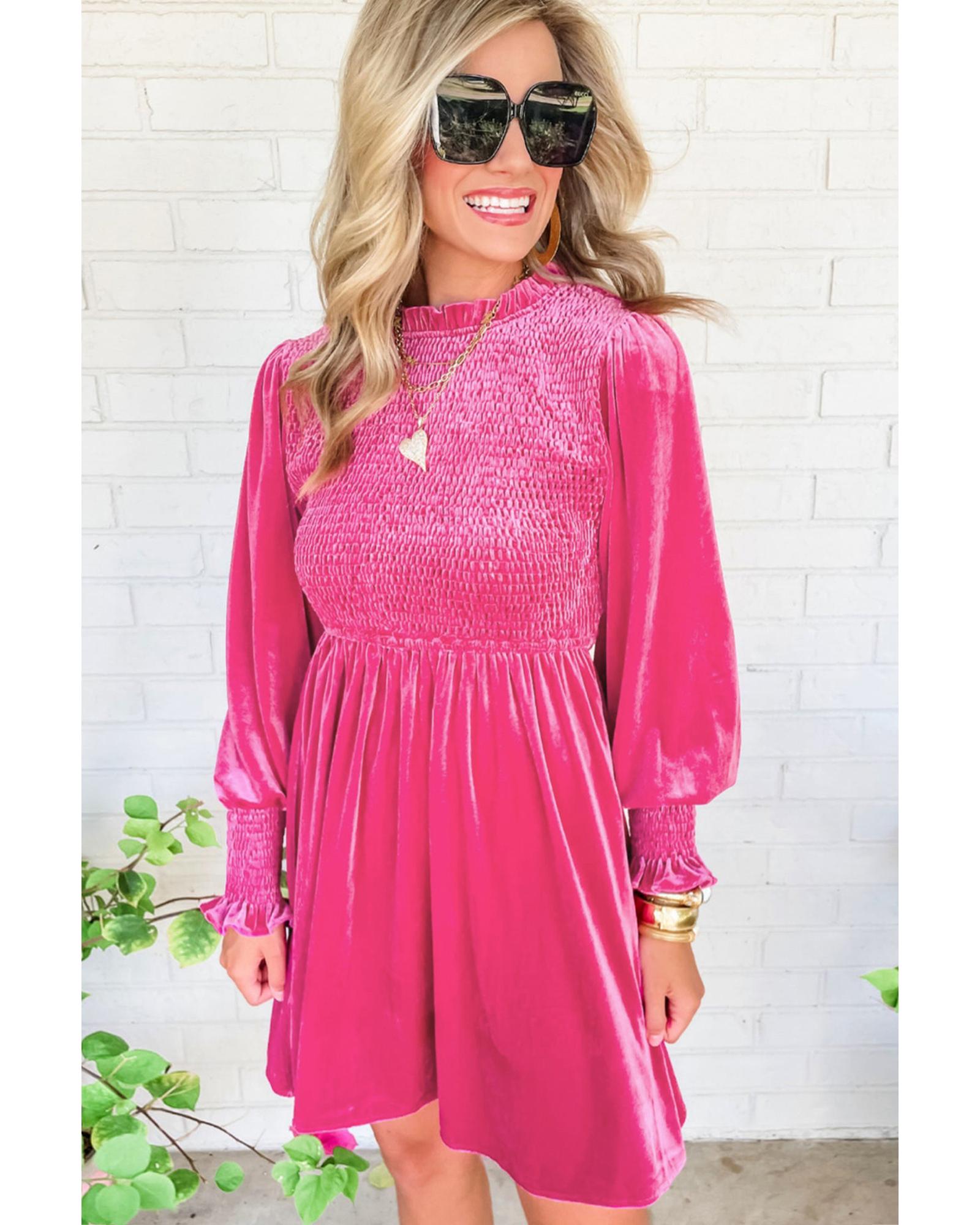 Rose Frilled Neck Smocked Bodice Velvet Dress - L 8