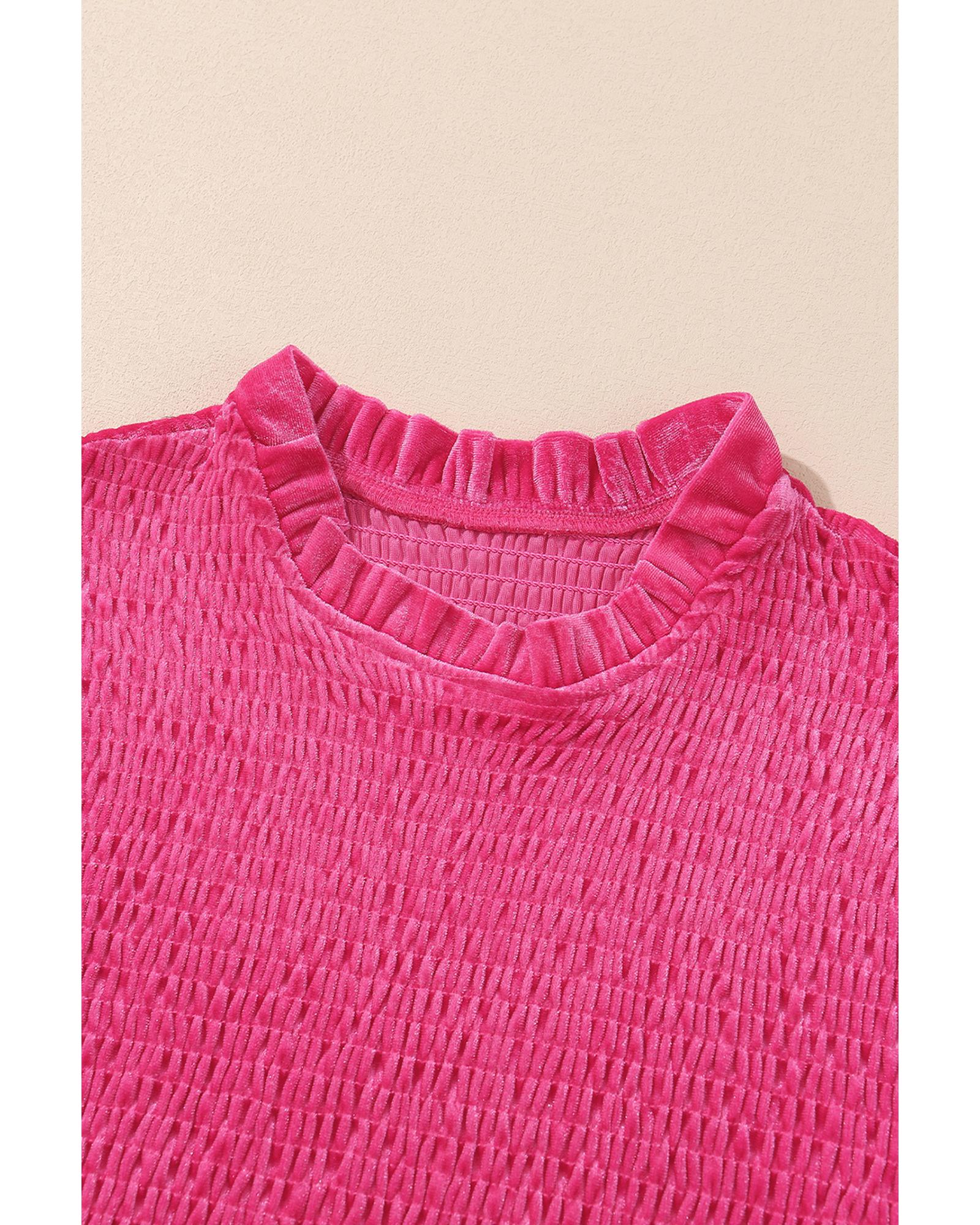 Rose Frilled Neck Smocked Bodice Velvet Dress - S