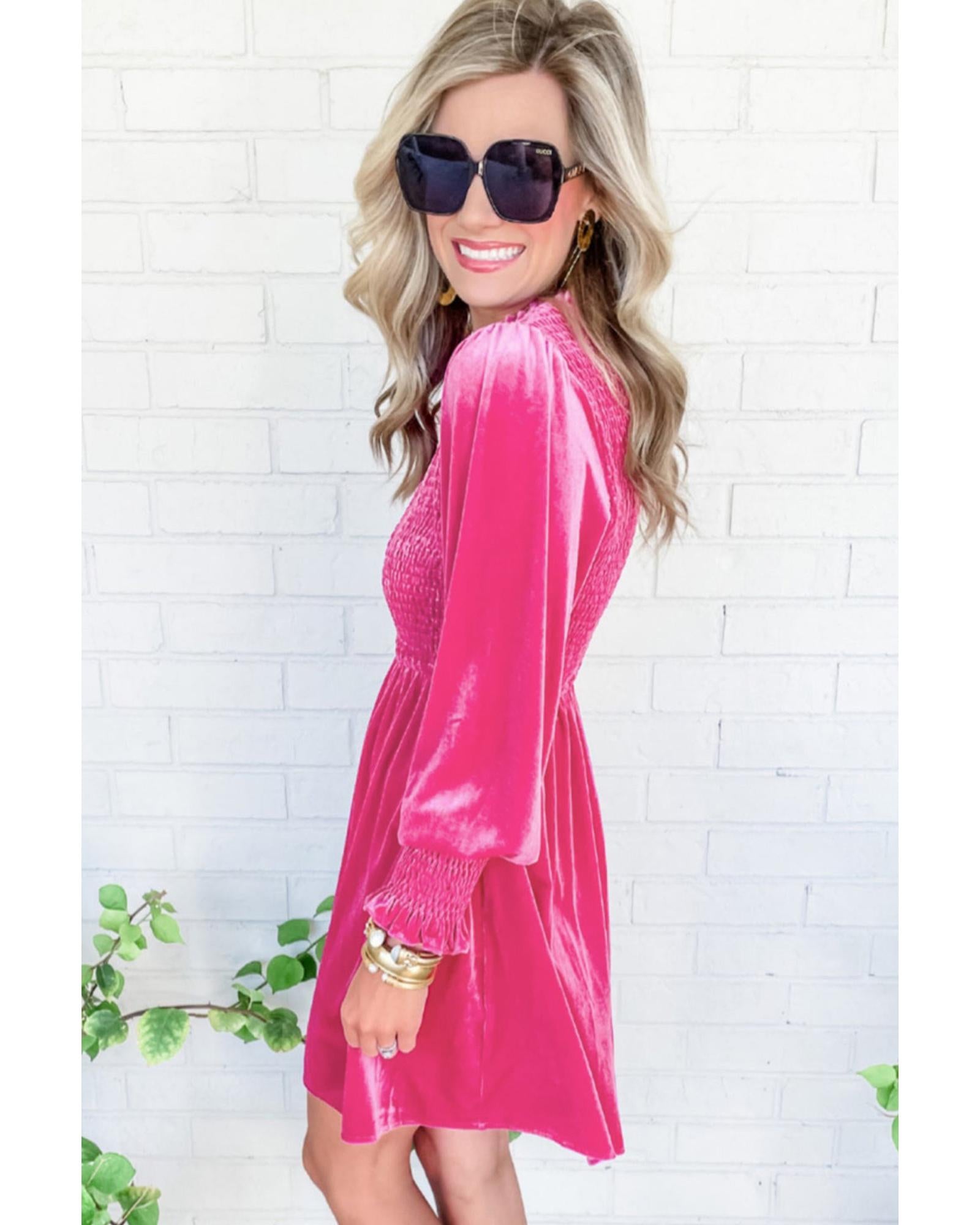 Rose Frilled Neck Smocked Bodice Velvet Dress - S 4