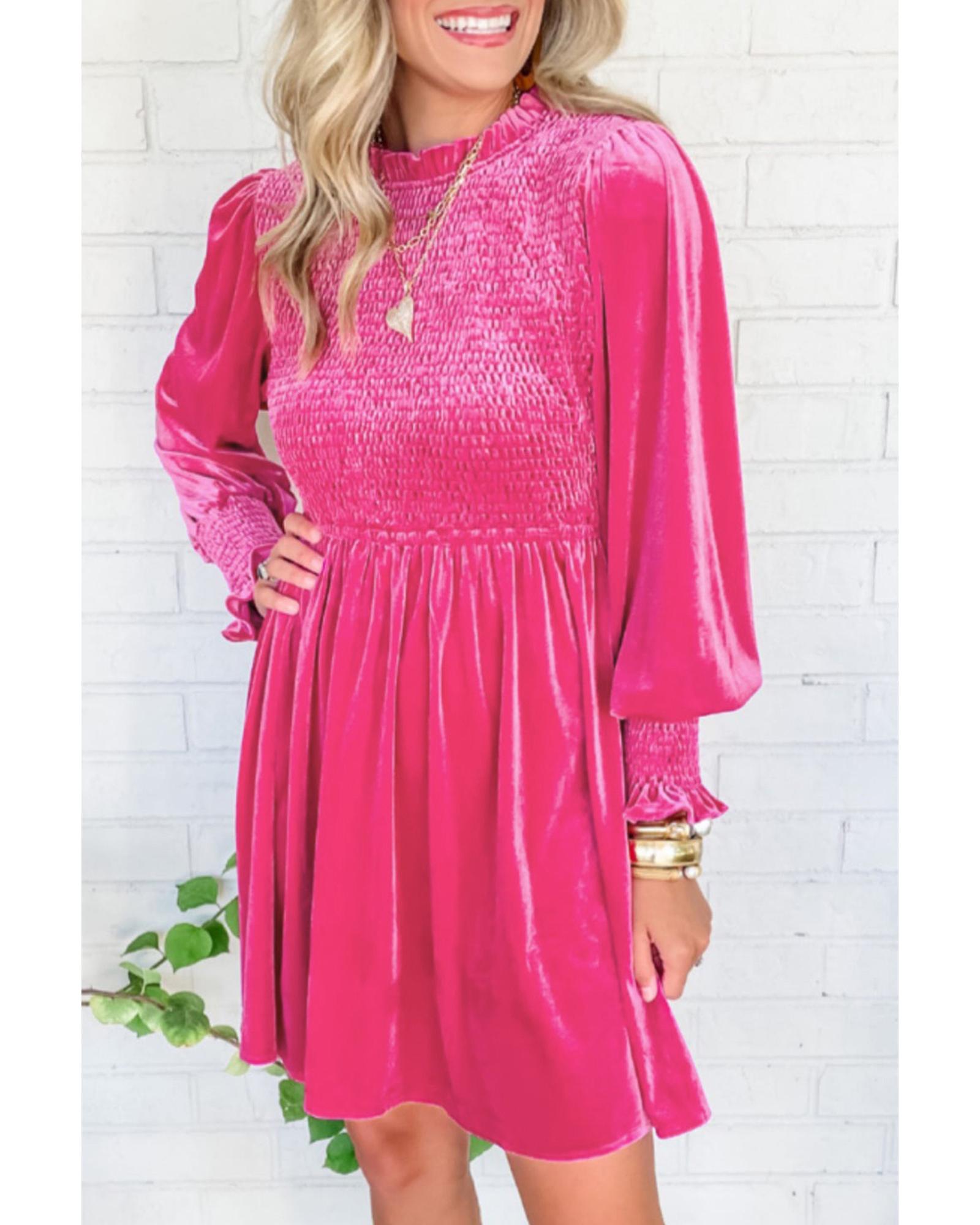 Rose Frilled Neck Smocked Bodice Velvet Dress - S 5