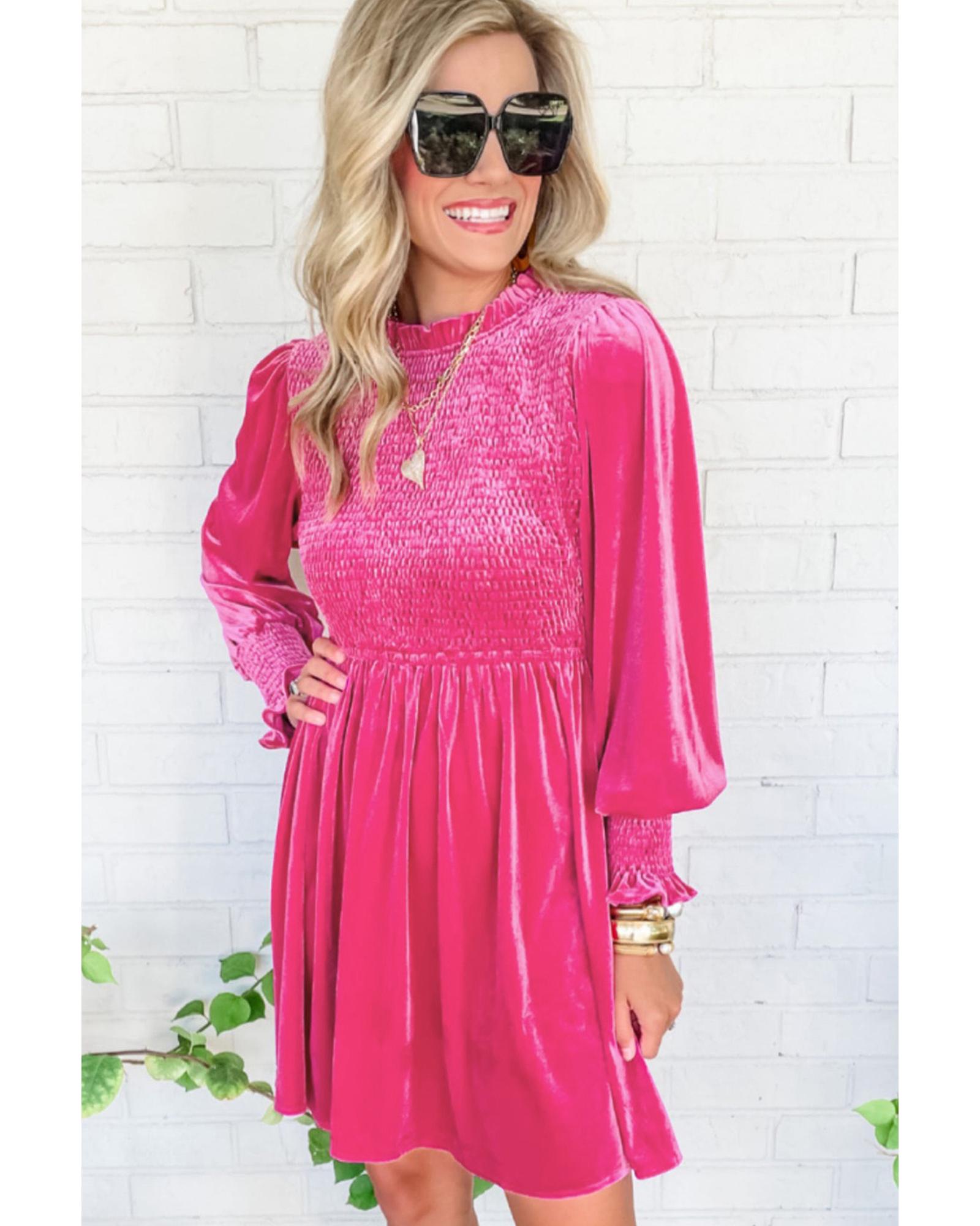 Rose Frilled Neck Smocked Bodice Velvet Dress - S 6