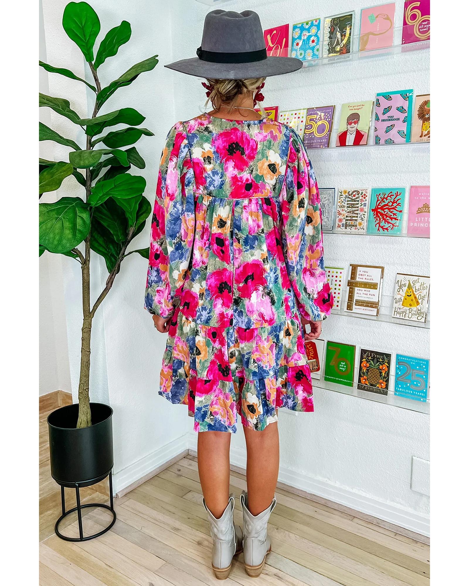 Multicolour Floral Tie Neck Bubble Sleeve Shift Dress - S