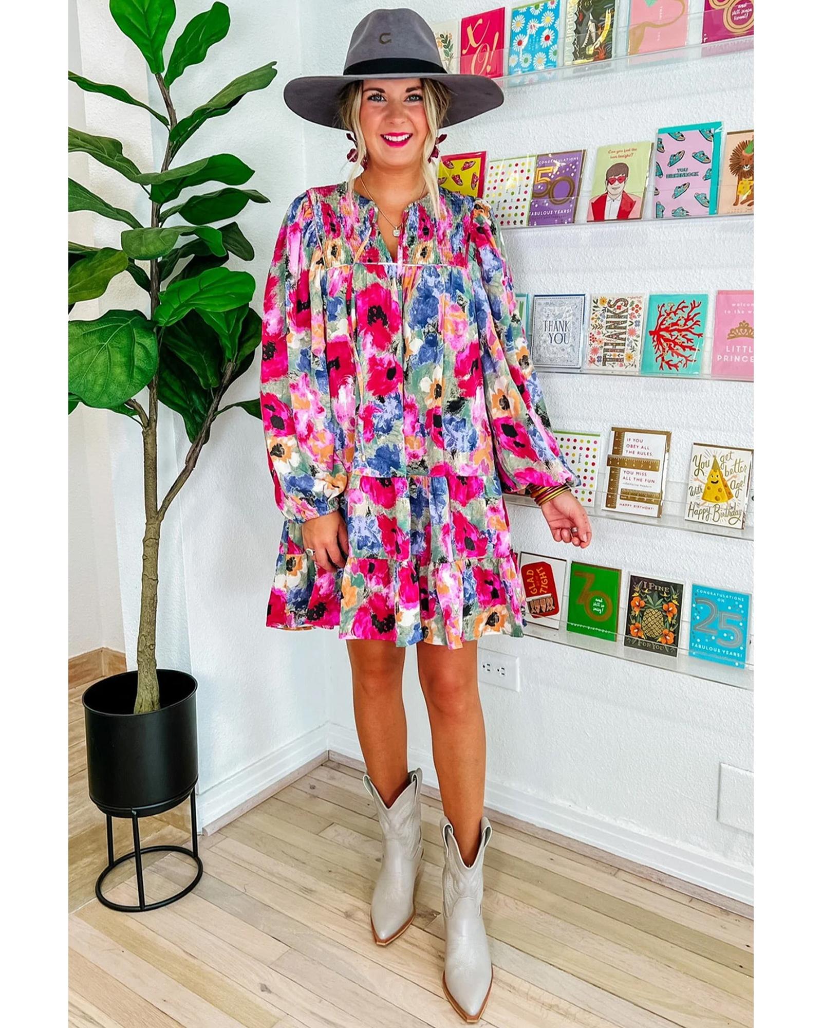 Multicolour Floral Tie Neck Bubble Sleeve Shift Dress - XL