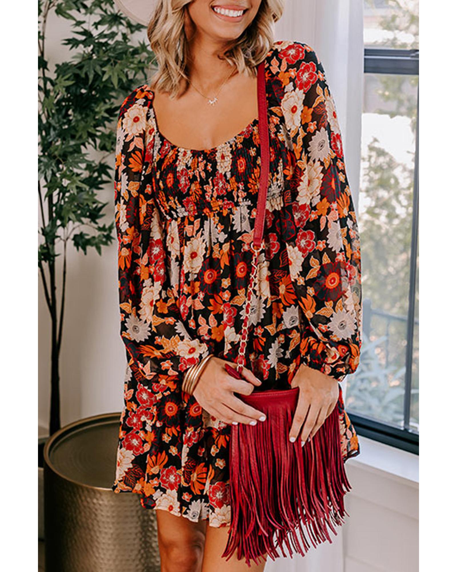 Multicolour Smocked High Waist Long Sleeve Floral Dress - L 3