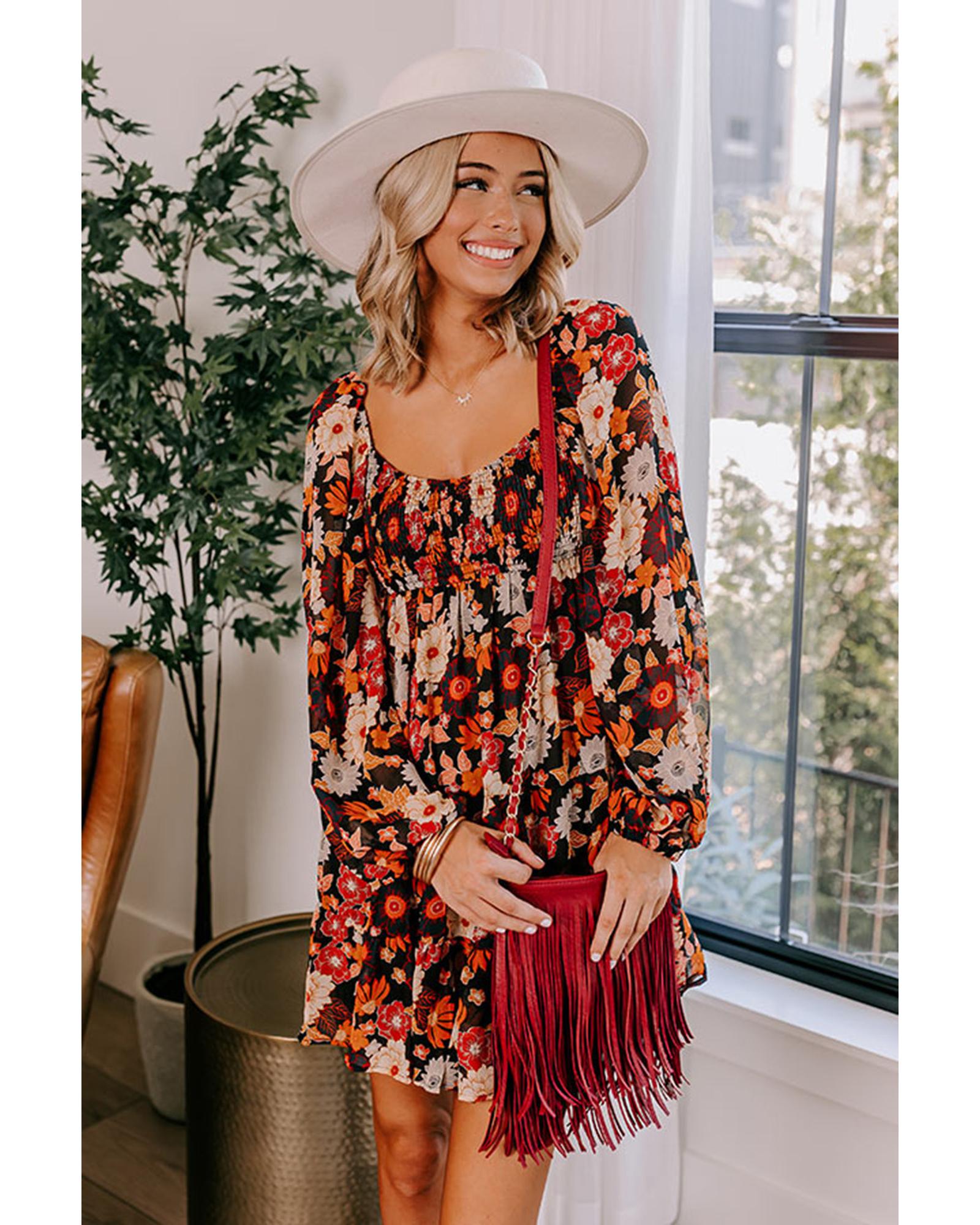 Multicolour Smocked High Waist Long Sleeve Floral Dress - L 4