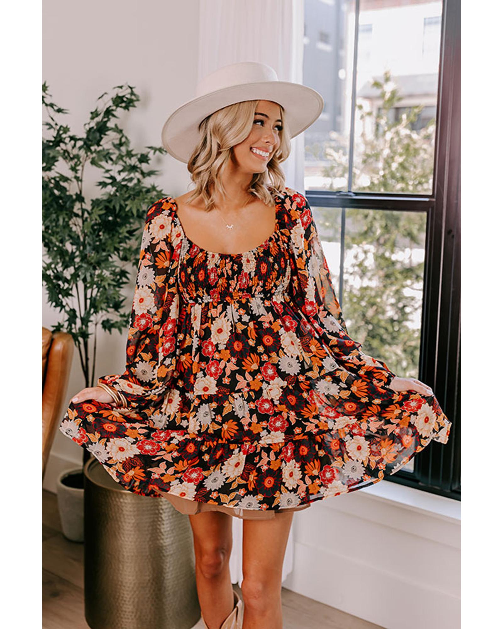 Multicolour Smocked High Waist Long Sleeve Floral Dress - S 6