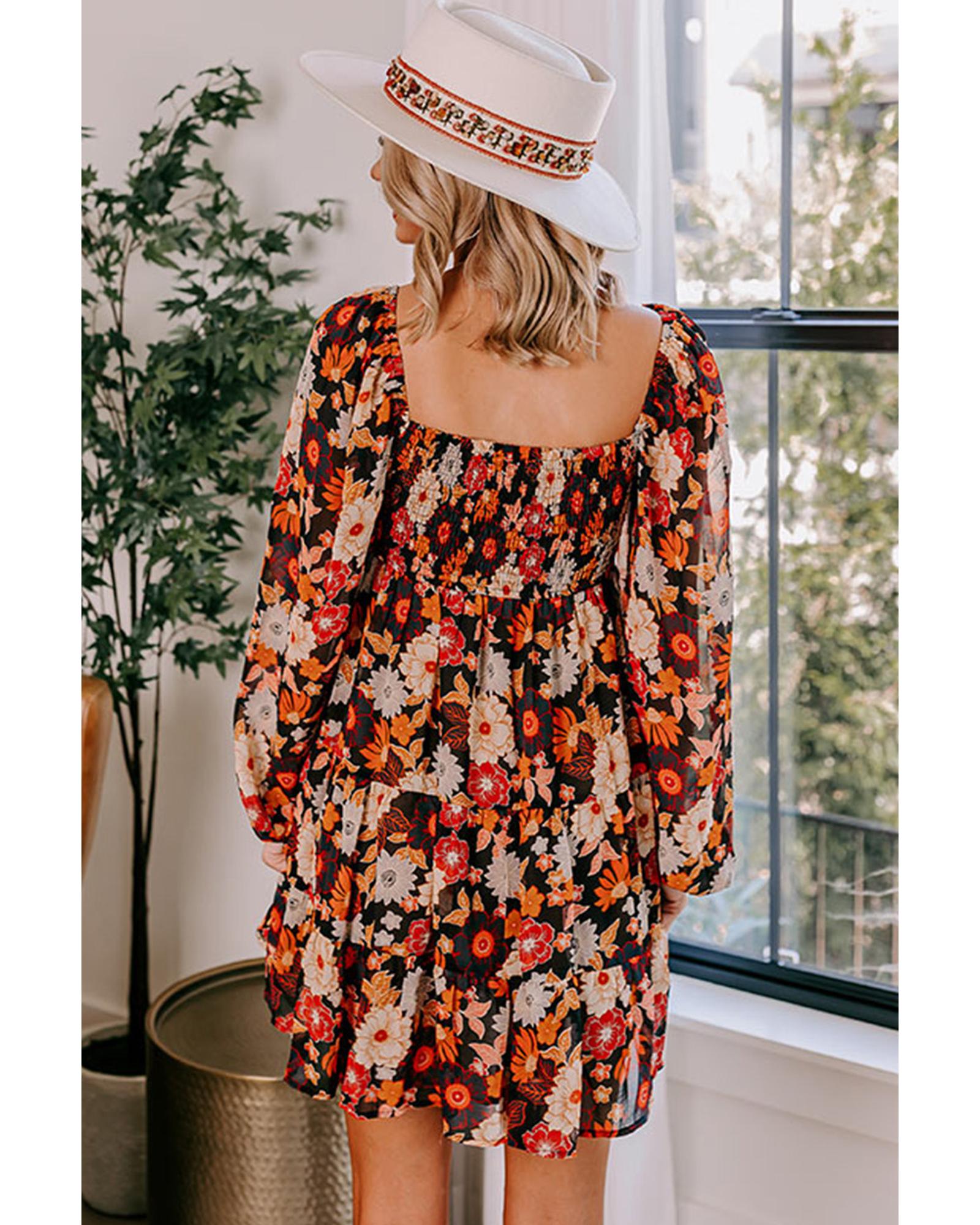 Multicolour Smocked High Waist Long Sleeve Floral Dress - XL 5