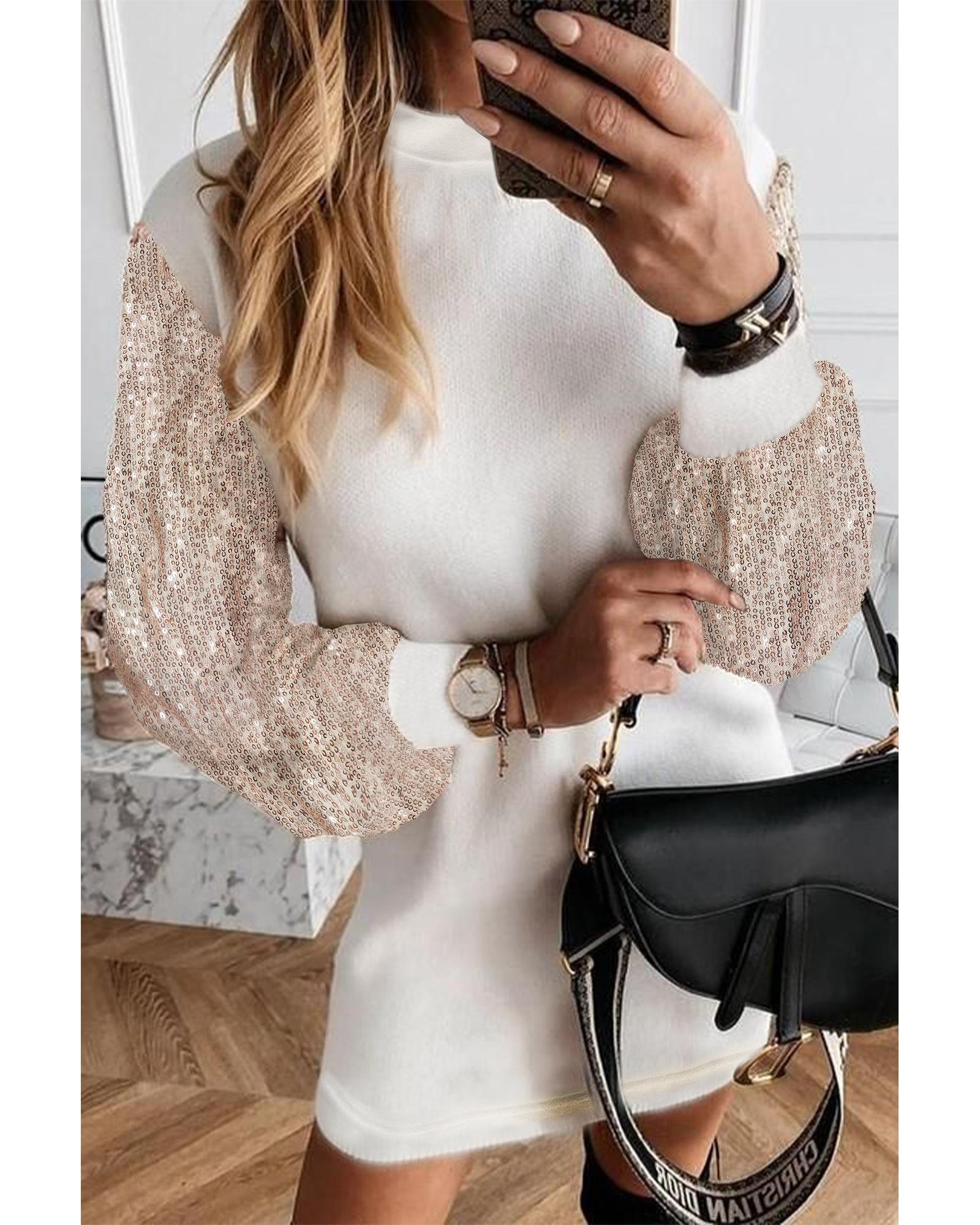 White Sequin Puff Sleeve Shift Mini Dress - M