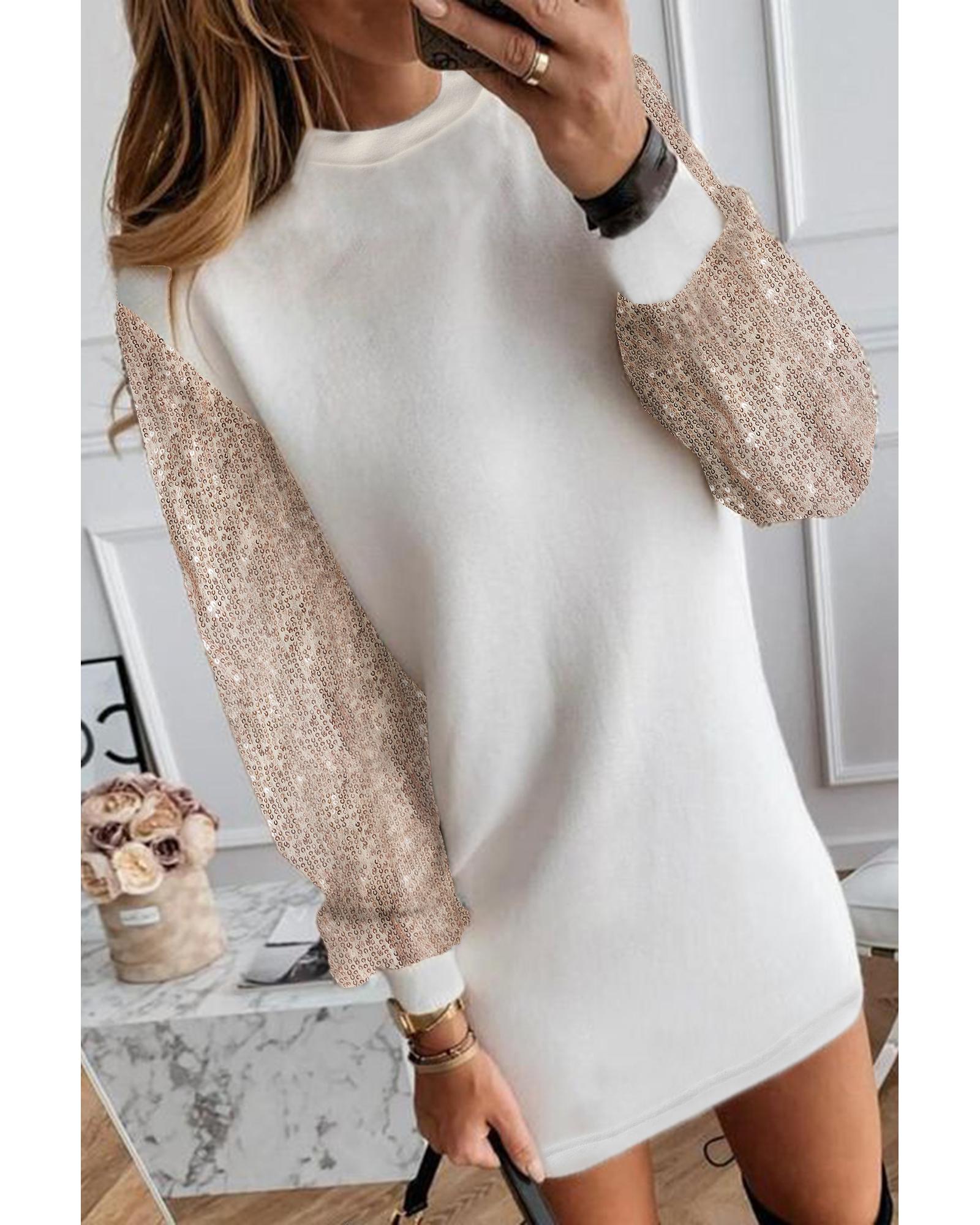 White Sequin Puff Sleeve Shift Mini Dress - S 4